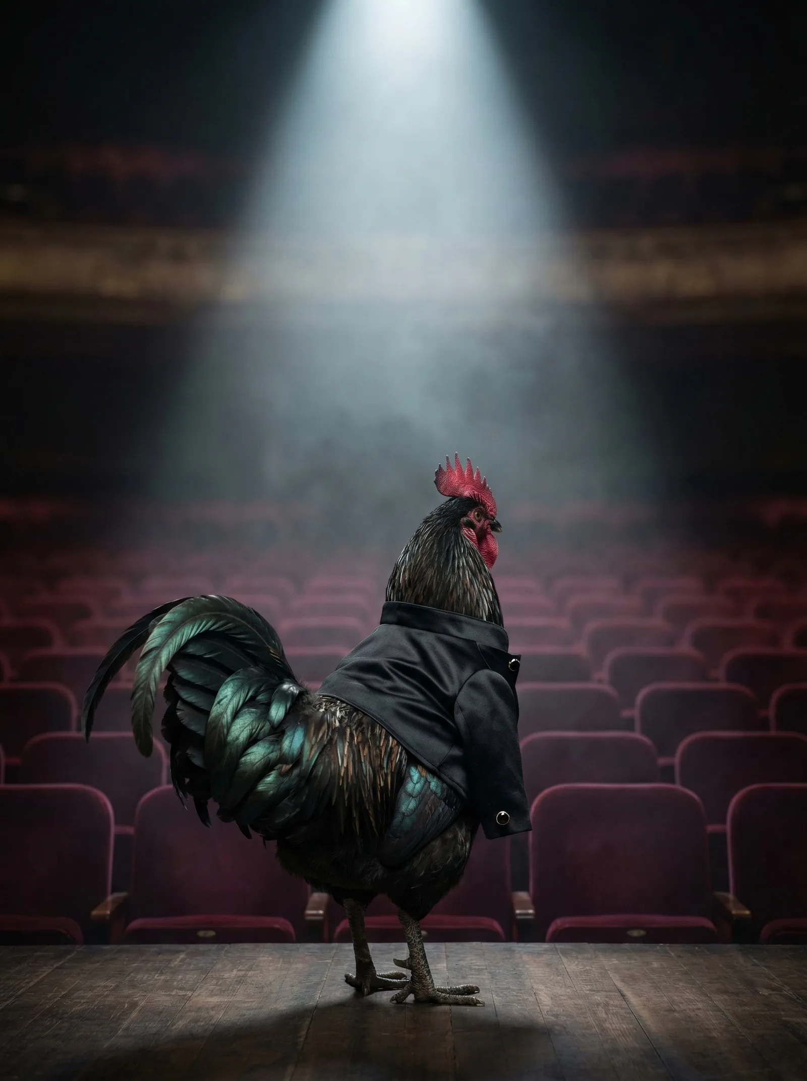 A Black Copper Marans rooster in a black satin evening jacket standing on an empty theater stage, shot from behind, single spotlight cutting through haze above, rows of empty burgundy velvet seats stretching into darkness, iridescent green-black tail feathers catching the light