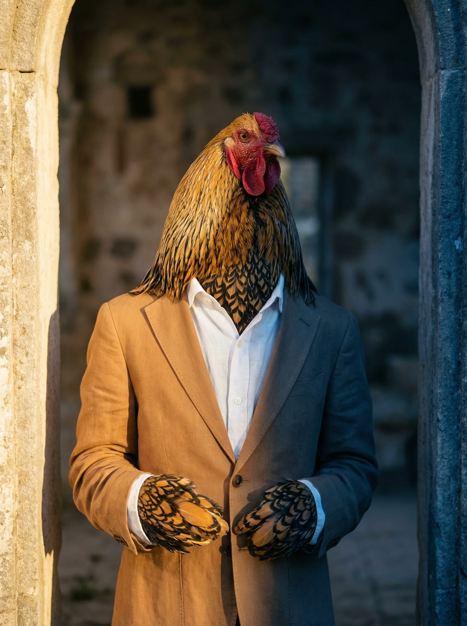 A Golden Laced Wyandotte rooster in a camel linen blazer and white open-collar shirt standing in a grand stone archway, half bathed in warm golden sunlight and half in cool blue shadow