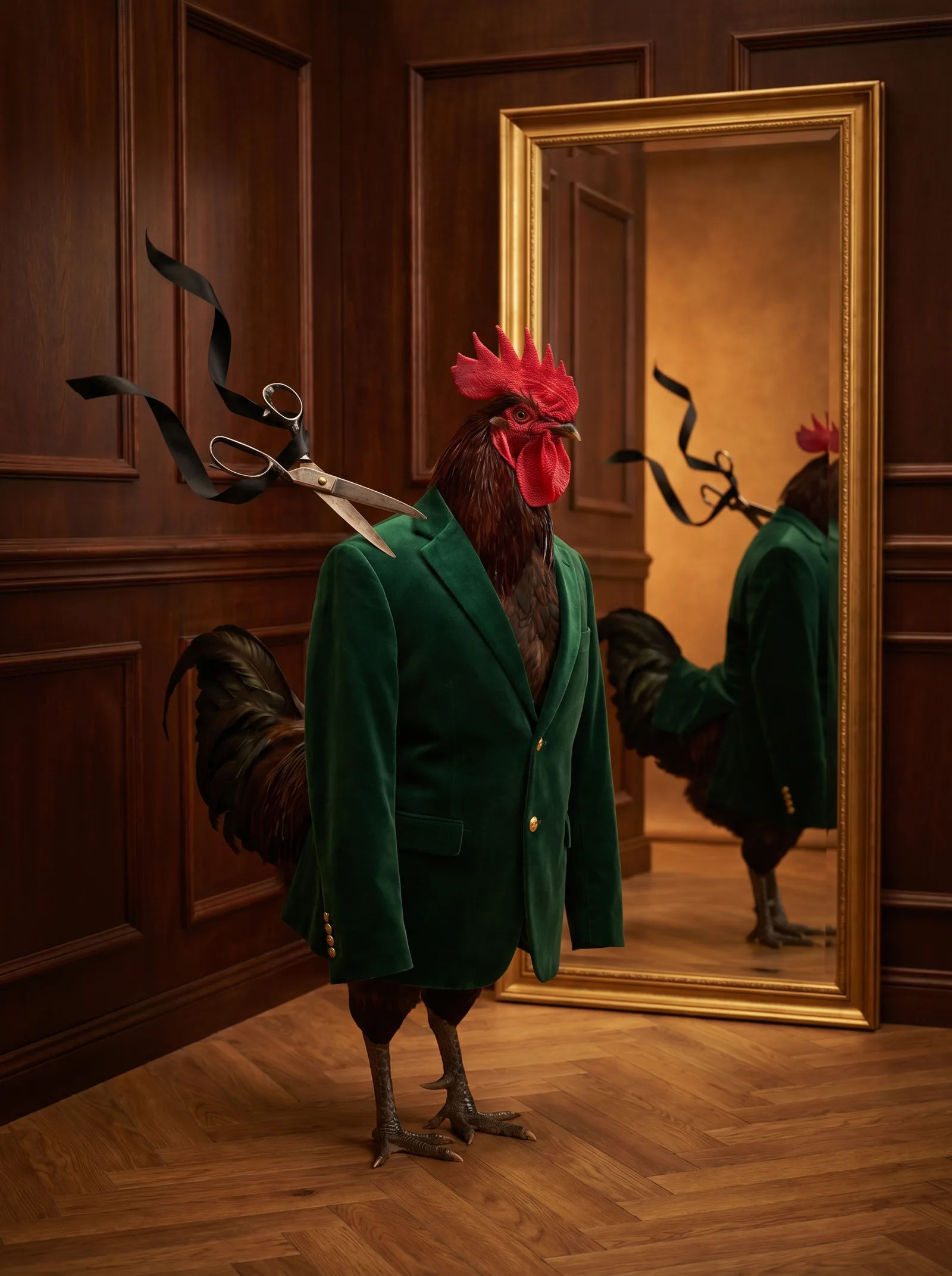A Rhode Island Red rooster in an emerald green blazer stands before a gilt-framed mirror in a mahogany-paneled fitting room, silver tailor's shears with black ribbon hovering near the shoulder, warm amber lighting, oak parquet floor.