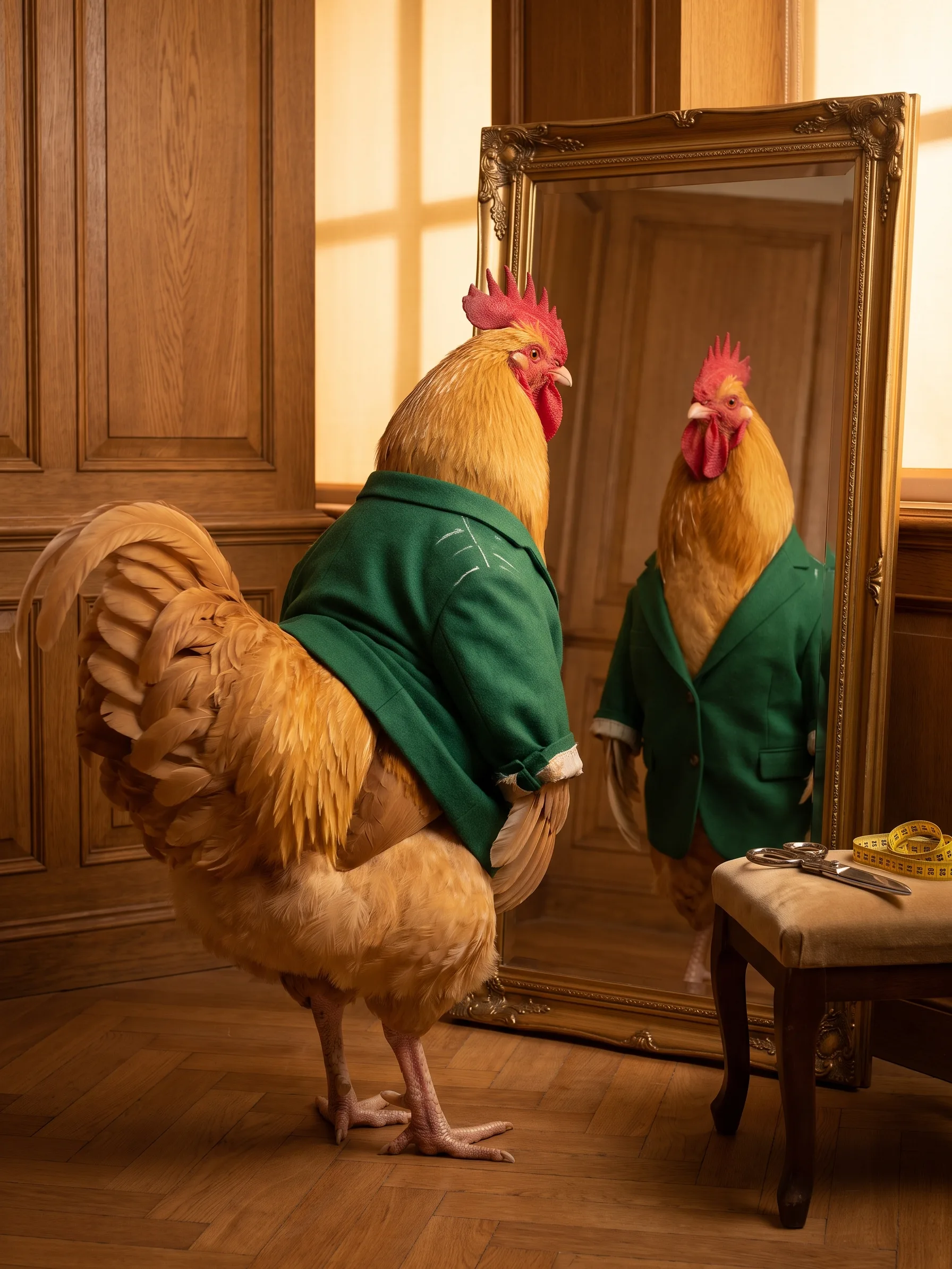 A golden Buff Orpington rooster in an emerald green blazer with tailor's chalk marks on the shoulder, regarding himself in a tall gilt-framed mirror in a mahogany-panelled fitting room, closed silver shears and a tape measure resting on a velvet stool beside him, warm amber light on an oak parquet floor
