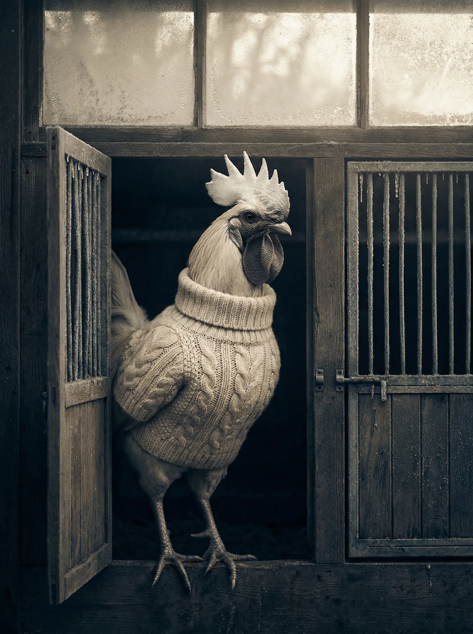 A white Leghorn rooster in a cream cable-knit sweater stands at a starting gate threshold, bathed in soft morning light filtering through frost