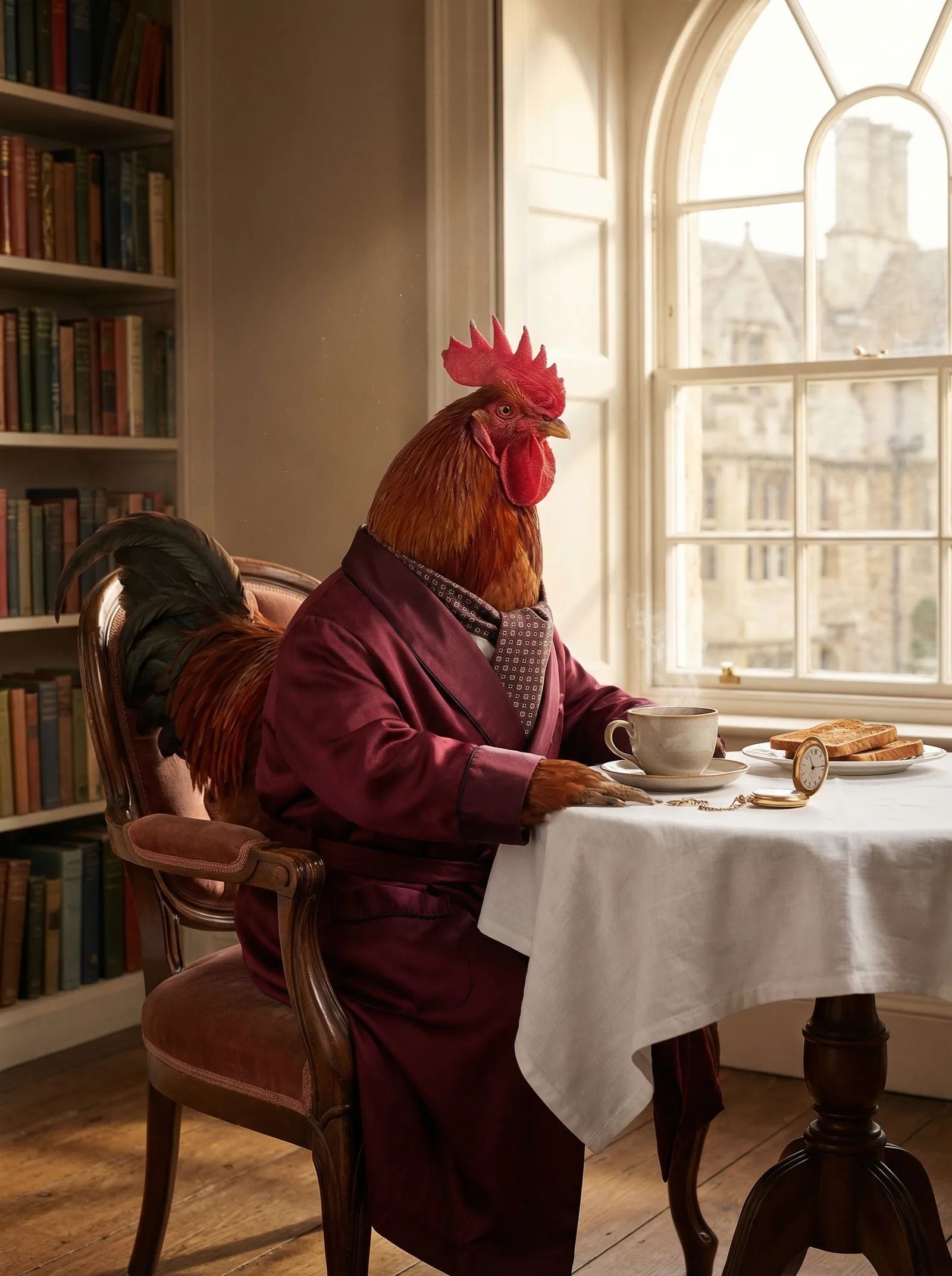 A rooster in a burgundy dressing gown at a breakfast table by an arched window, a pocket watch resting on the white cloth, morning light