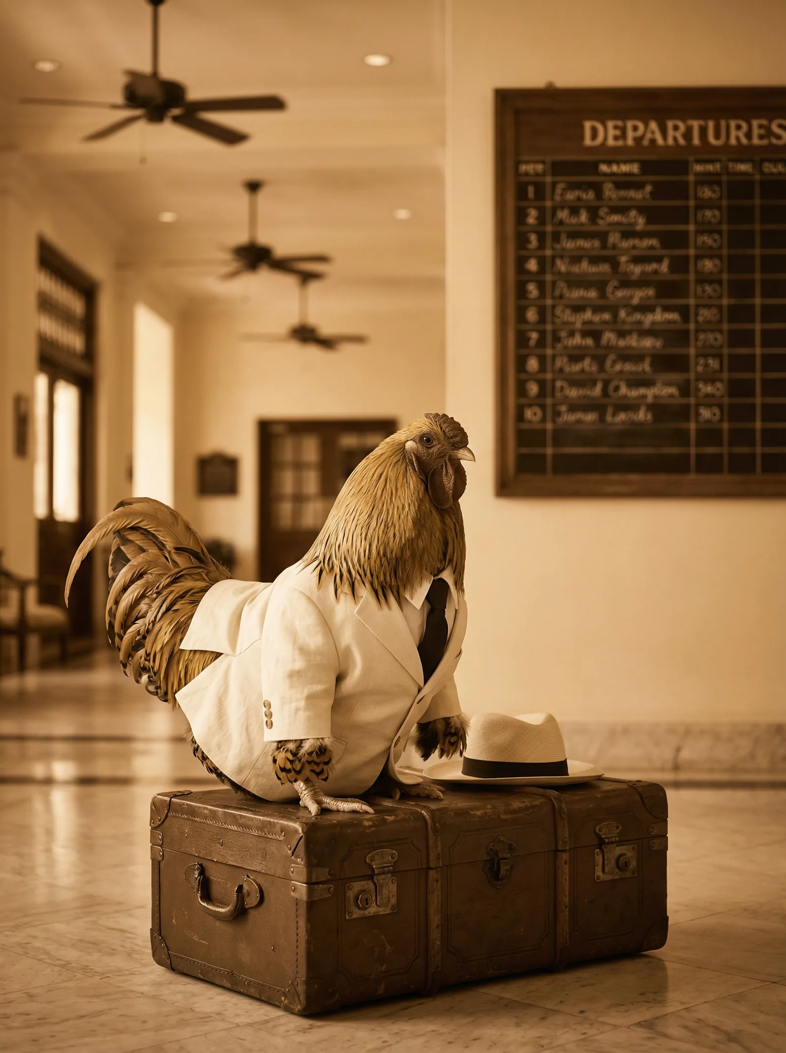 A distinguished rooster in a perfectly pressed ivory linen suit perched on a leather trunk in a grand colonial hotel lobby, Panama hat beside him, a still Departures board visible behind, ceiling fans turning slowly overhead