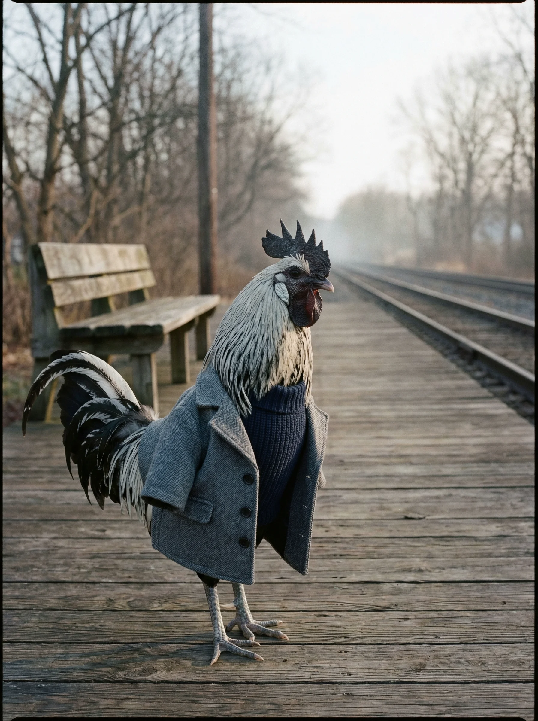 A Silver Spangled Hamburg rooster in a heather gray wool overcoat and navy fisherman's sweater standing on a wooden train platform in fog, bare trees with early buds, empty tracks receding into mist, a wooden bench behind him