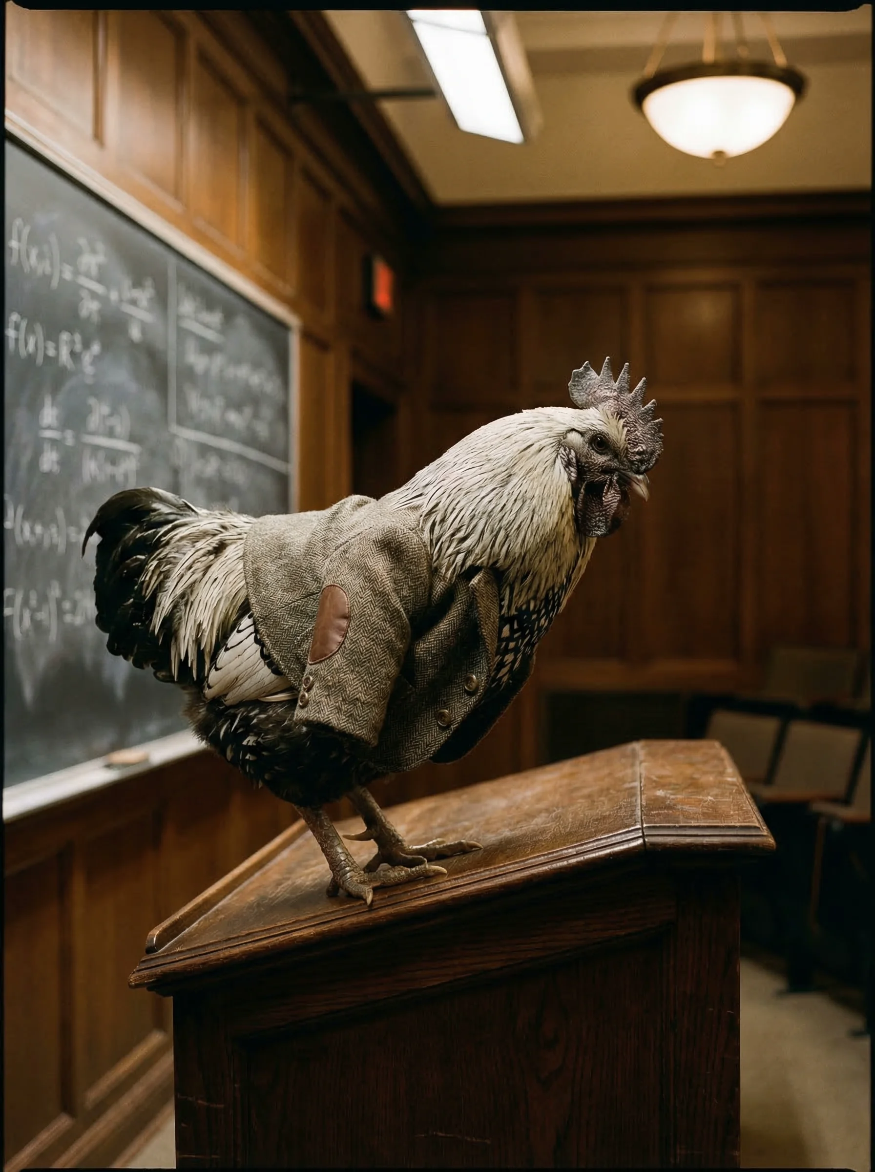 A rooster in a tweed blazer stands atop a wooden lectern in a wood-paneled lecture hall, equations on the chalkboard behind him
