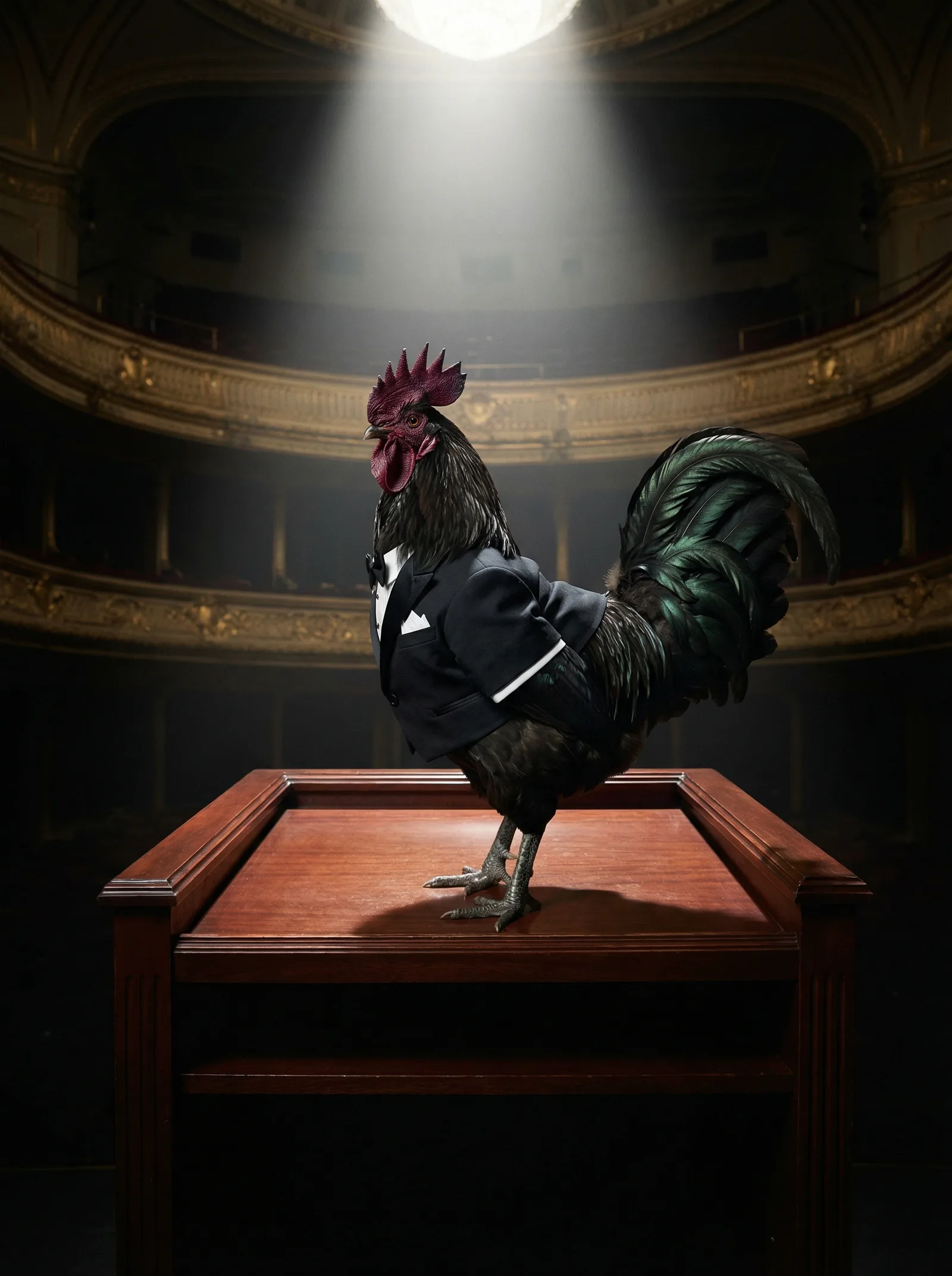A rooster who has been waiting longer than the occasion deserves
