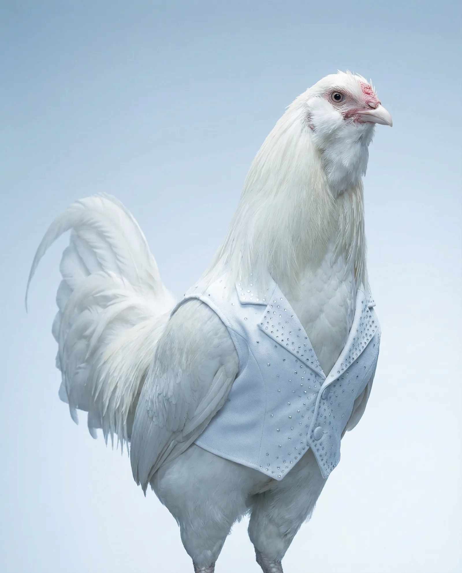 A distinguished rooster in an ice-white performance jacket with subtle crystalline sequins, photographed against soft cool-toned studio lighting, posed with quiet confidence and grace