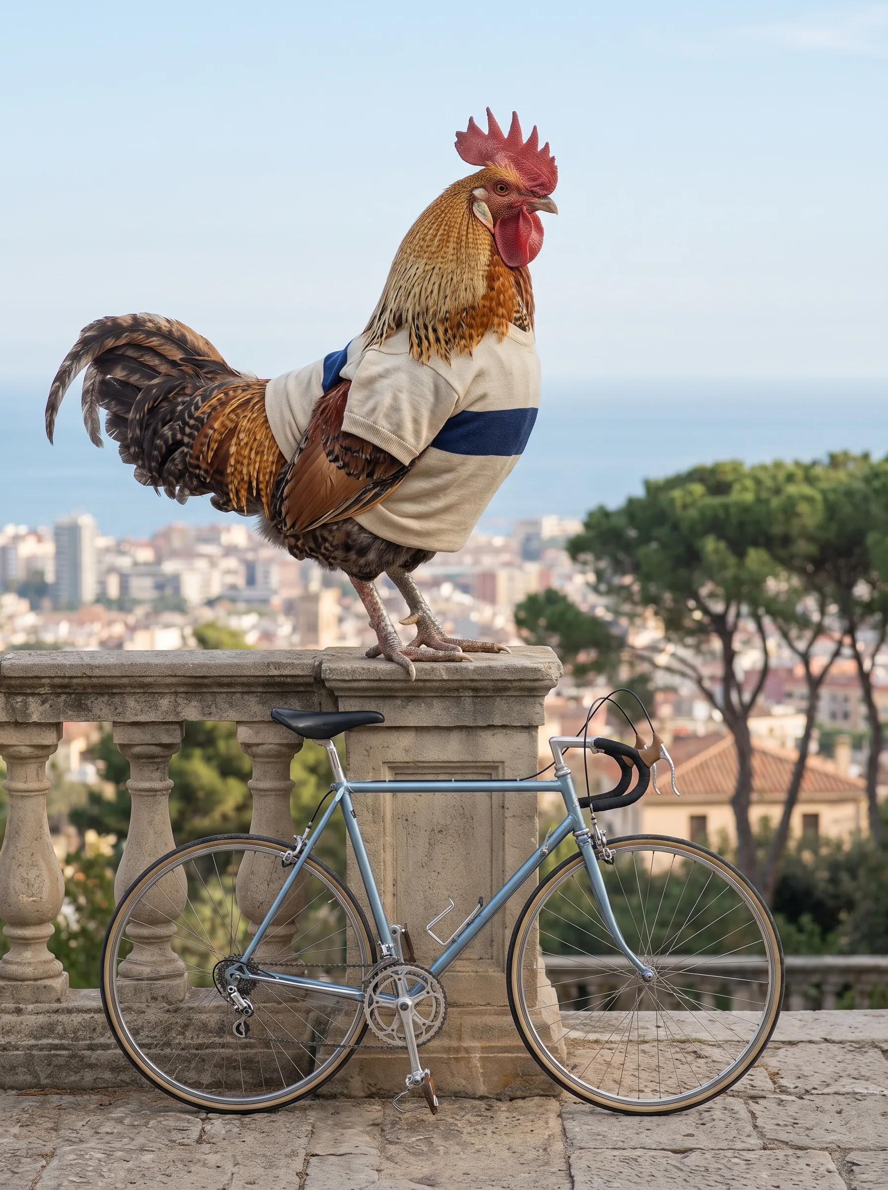 A Partridge Penedesenca rooster with gold, russet and black plumage in a faded cream merino cycling jersey with a navy band, perched on a stone balustrade on a hilltop terrace above a Mediterranean city, a pale blue steel road bicycle leaning against the balustrade below him, umbrella pines and the sea in the distance