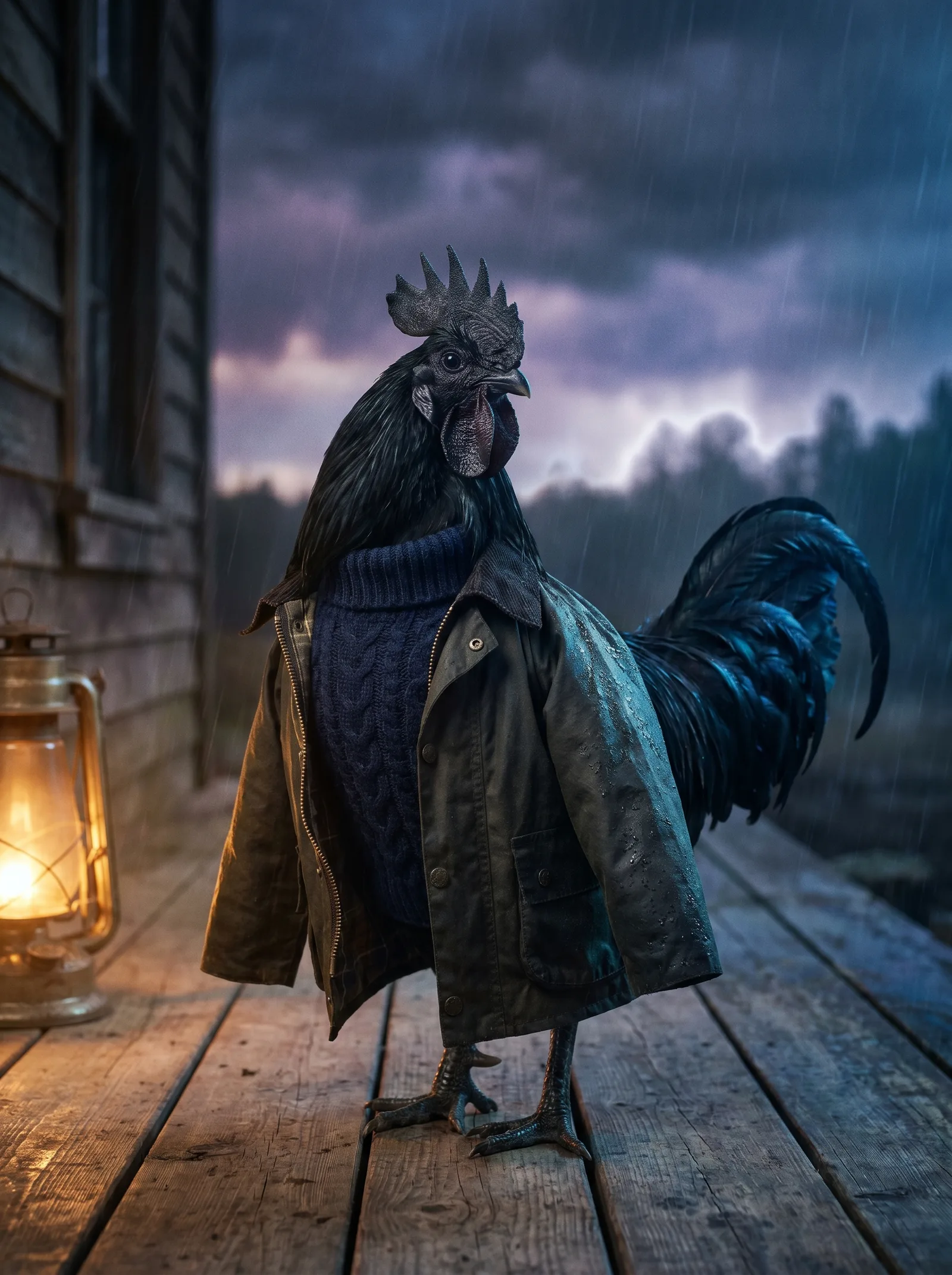 An Ayam Cemani rooster with iridescent black plumage wearing a navy cable-knit sweater and olive waxed cotton jacket, standing on a wooden porch during a rainstorm at dusk, amber lantern glowing beside him, bruised violet clouds and distant treeline beyond