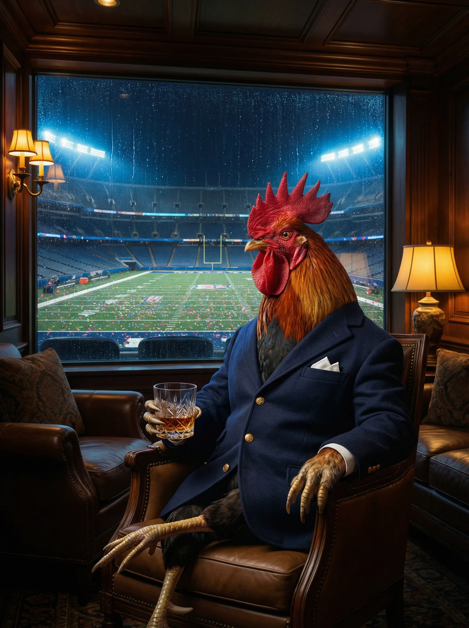 A distinguished rooster in a navy blazer seated in a private box overlooking an empty football stadium strewn with confetti, holding a crystal tumbler of bourbon