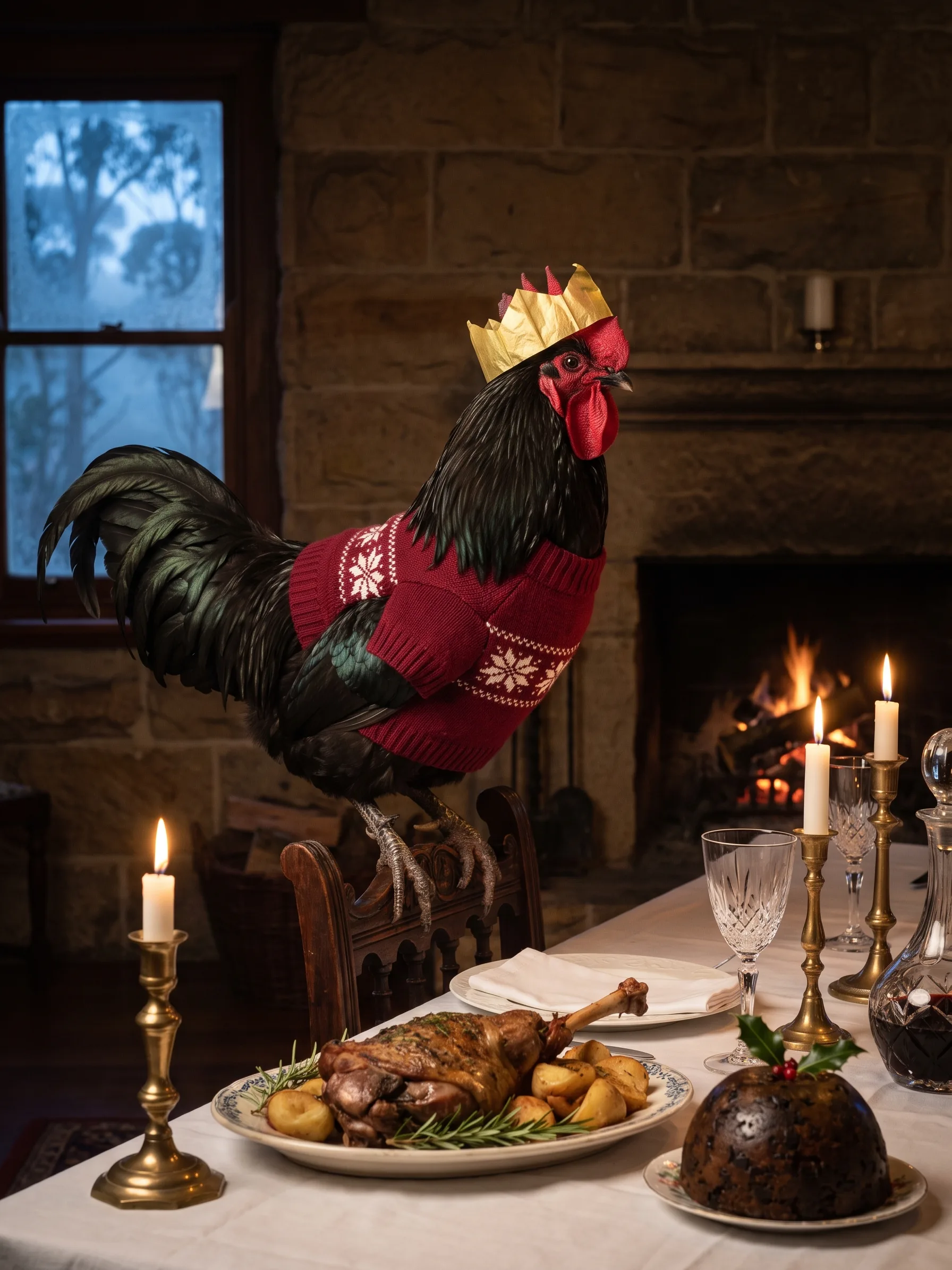 A Black Australorp rooster with glossy black plumage and a green sheen in a deep red wool jumper with a white snowflake band and a gold paper crown, perched on a chair at a candlelit dining table laid with a roast leg of lamb and a Christmas pudding in a Blue Mountains guesthouse, a log fire in the hearth and frost on the window, misty eucalyptus forest outside