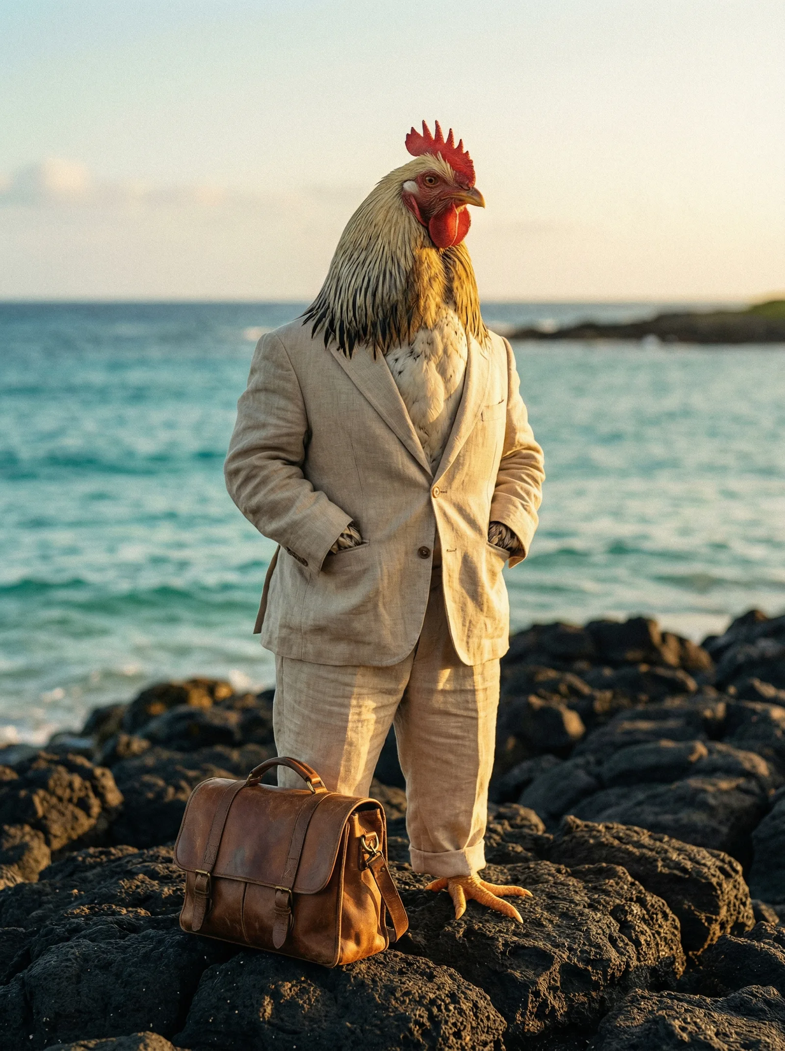 A rooster in a rumpled linen suit stands on volcanic rock at the edge of a turquoise sea, leather satchel at his feet, gazing at the horizon.