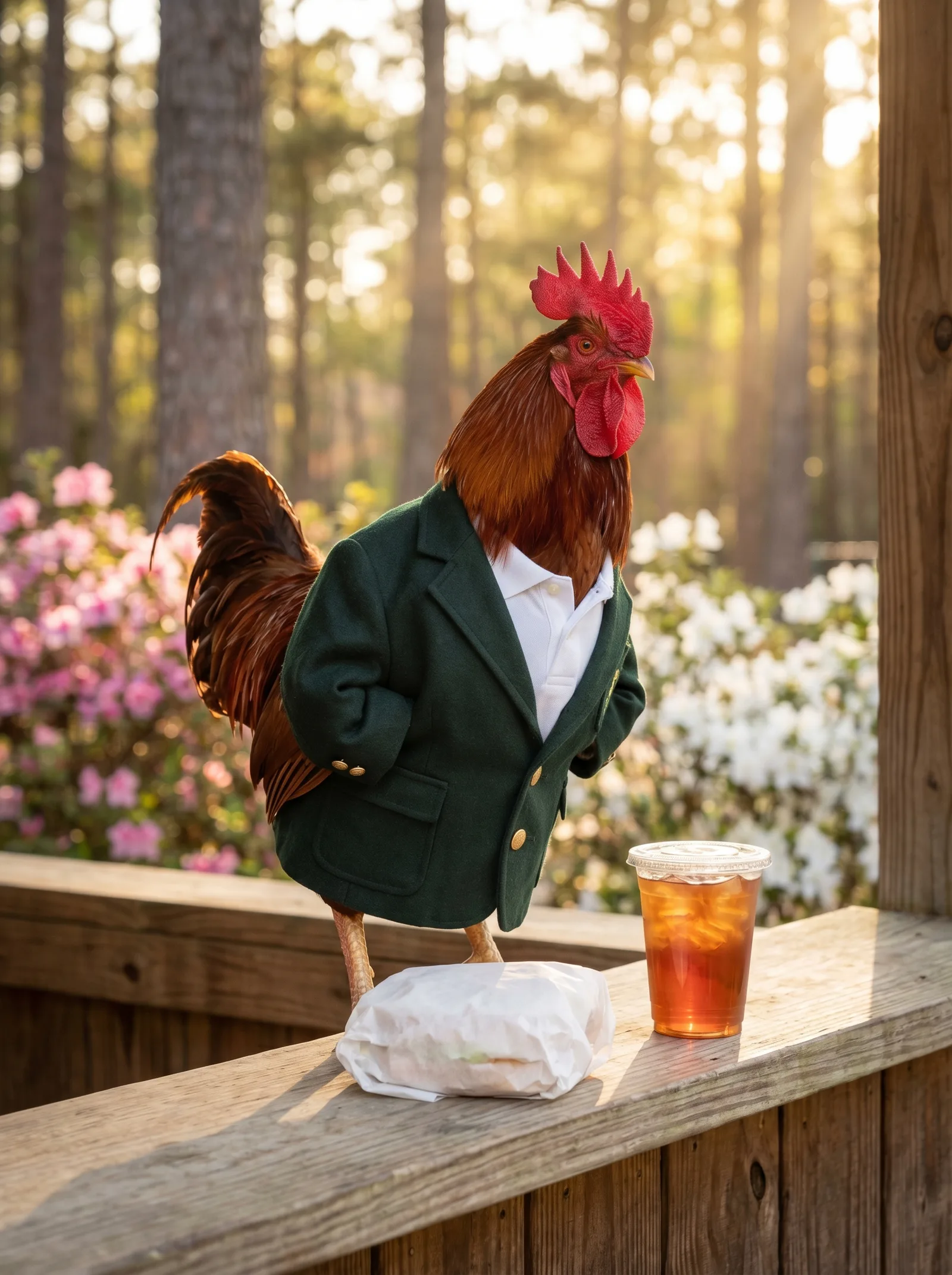 A Rhode Island Red rooster in a dark green blazer and white polo stands at a wooden concession counter with a paper-wrapped sandwich and sweet tea, pink azaleas and Georgia pines in golden afternoon light behind him.
