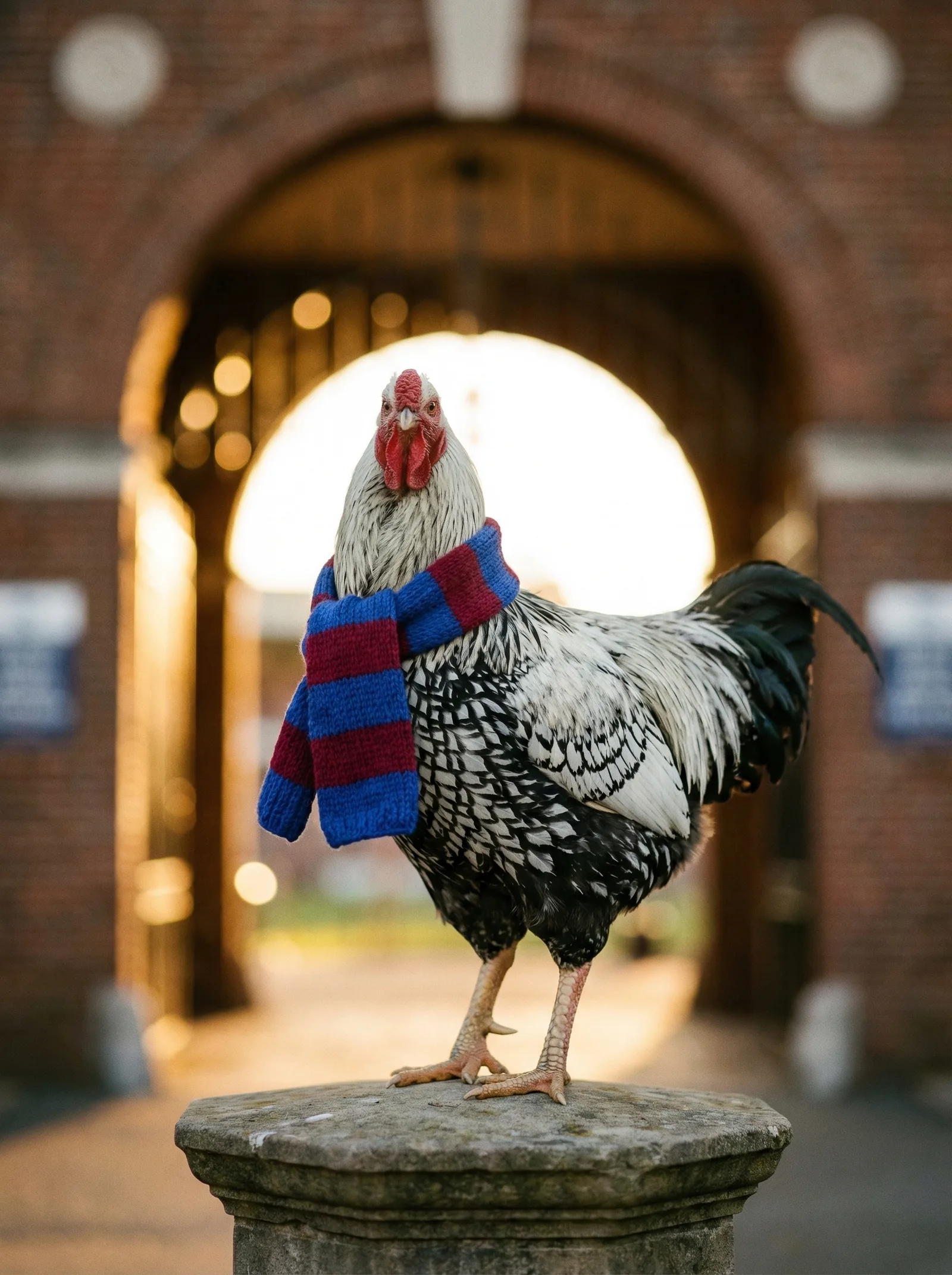 A Silver Laced Wyandotte rooster in a cobalt and crimson striped wool scarf stands atop a stone pedestal before a grand brick stadium archway at golden hour.