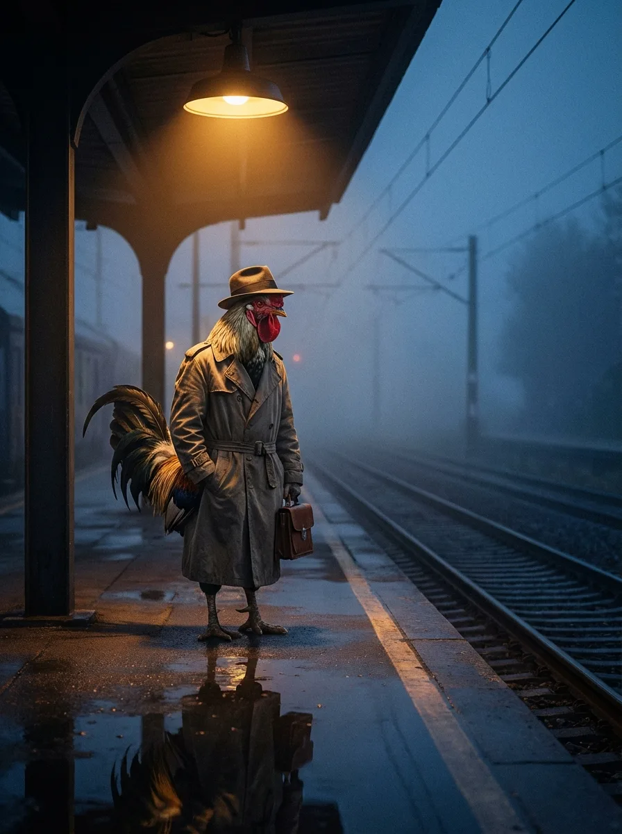 The tracks disappear into fog, which is another way of saying they continue