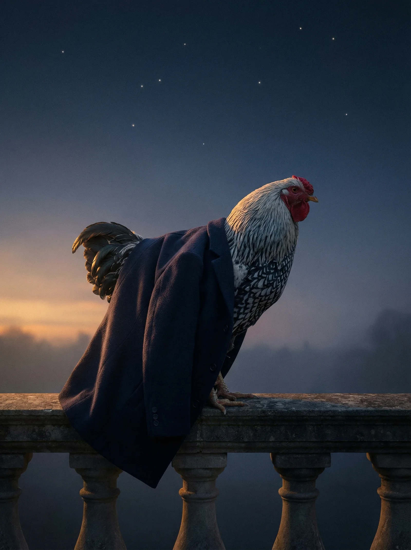 A Silver Laced Wyandotte rooster wearing a dark navy wool overcoat stands on a stone balustrade at dusk, head raised toward an indigo twilight sky where six faint points of light are arranged in a line across the horizon.