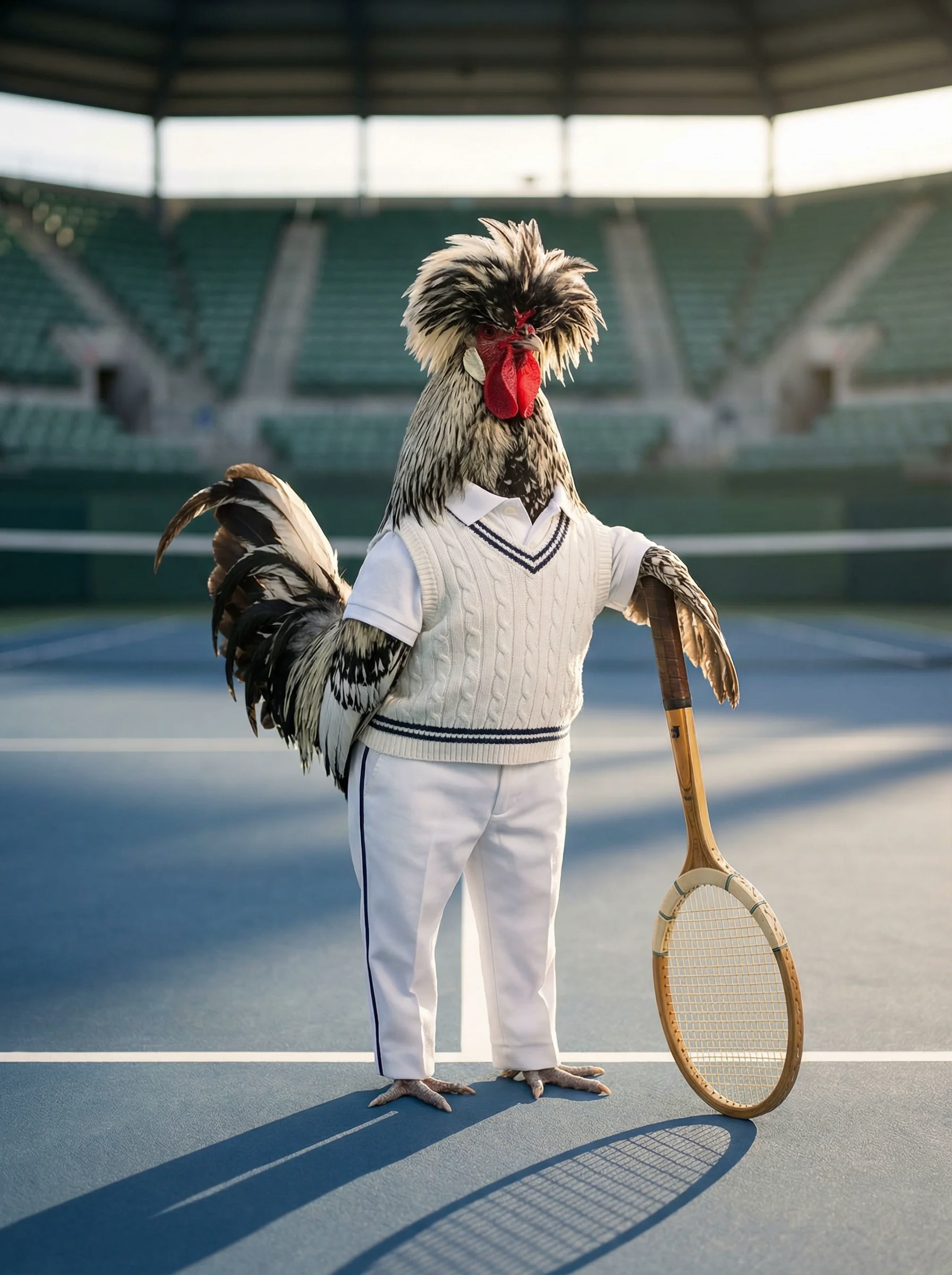 A Polish crested rooster in a white cable-knit V-neck sweater vest and white trousers standing at the baseline of a blue hard court, holding a vintage wooden tennis racquet, golden afternoon light streaming through an open stadium roof, empty grandstands behind him