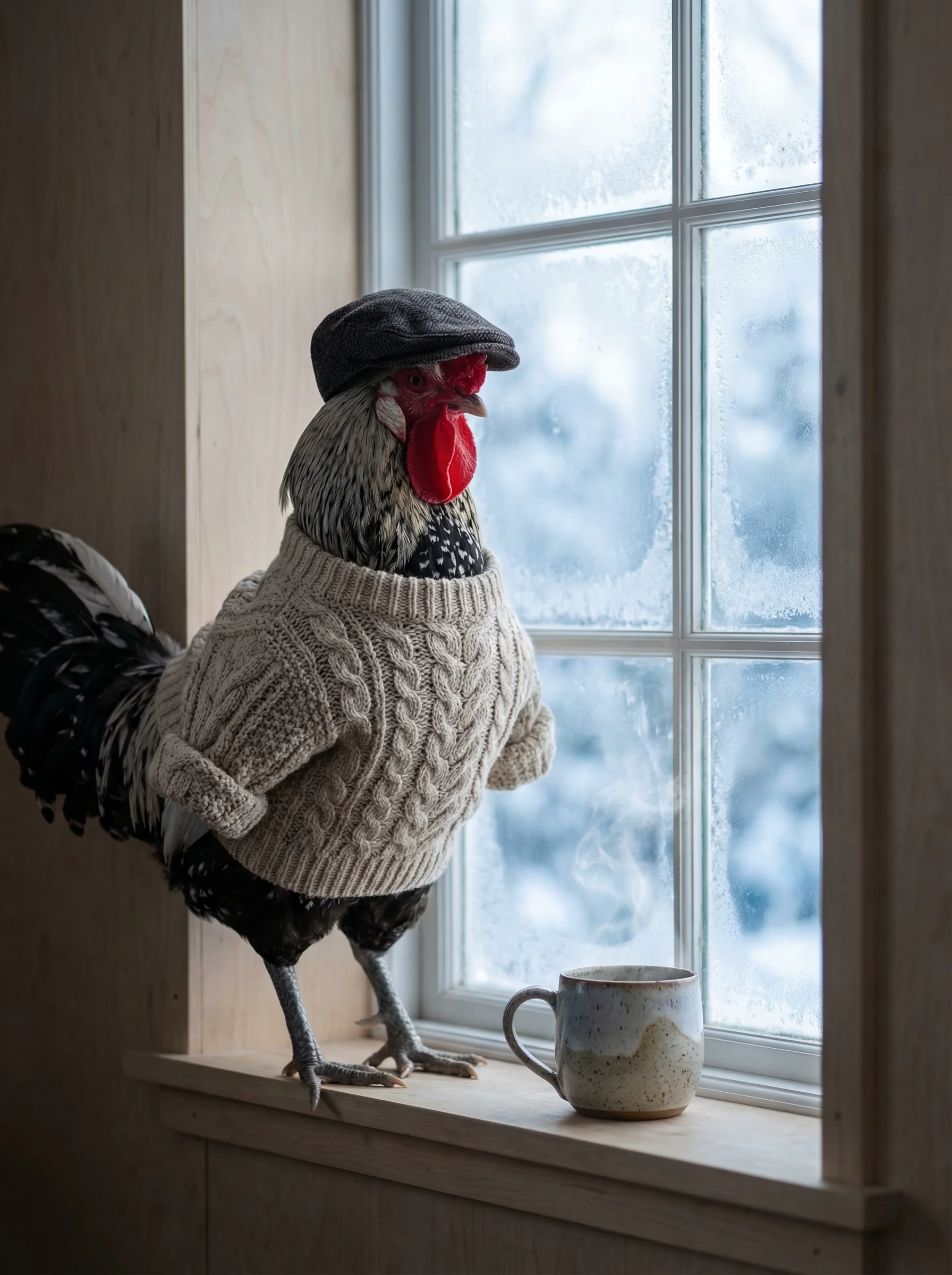 A Silver Spangled Hamburg rooster in an oatmeal cable-knit fisherman's sweater and dark wool flat cap, standing on a birch windowsill beside a steaming ceramic coffee mug, frost-covered window showing a snowy Nordic landscape beyond