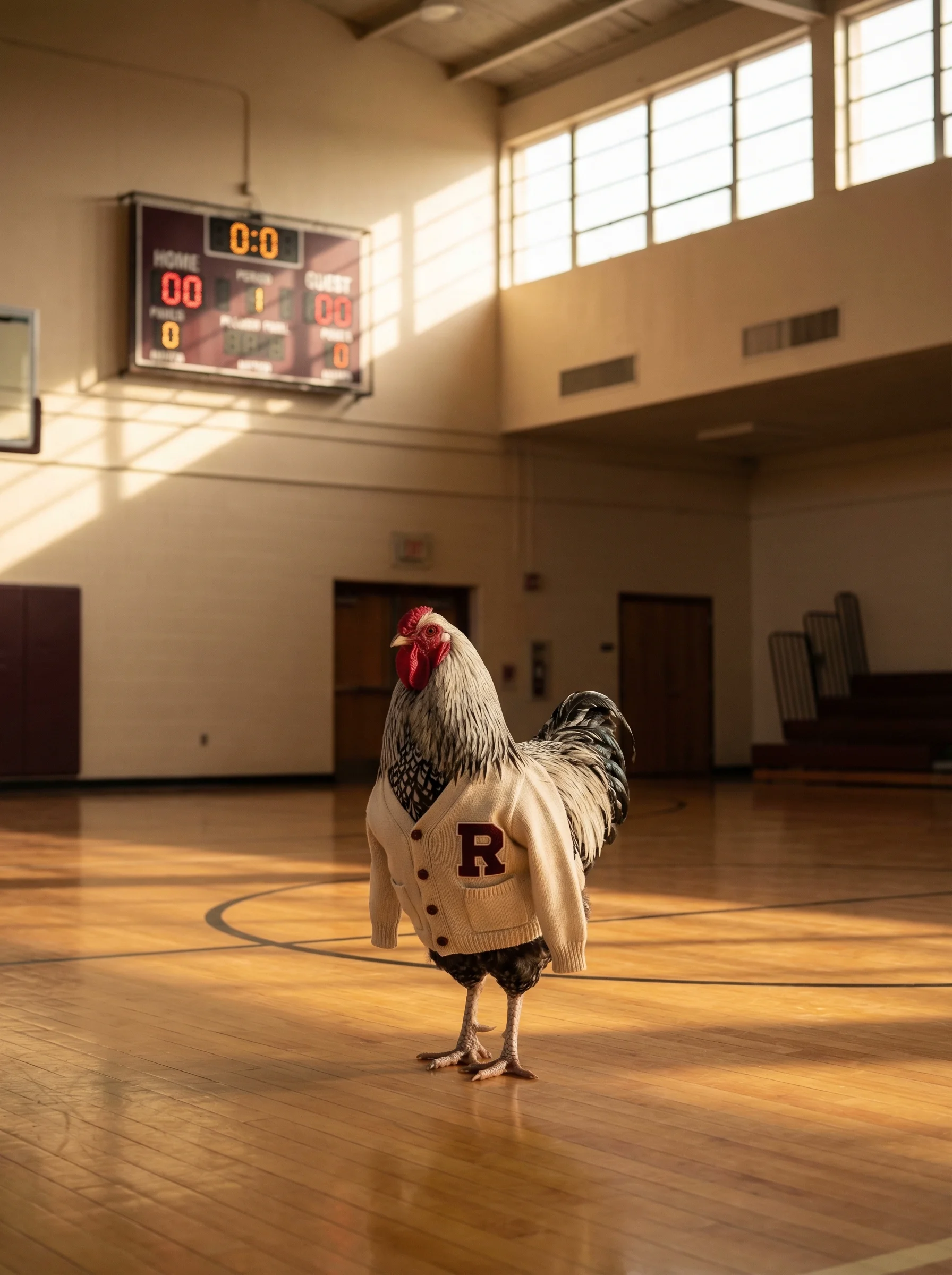 A Silver Laced Wyandotte rooster in a cream varsity cardigan with burgundy letter patch standing at center court of a hardwood gymnasium, scoreboard reading zeros behind him, late afternoon light streaming through clerestory windows
