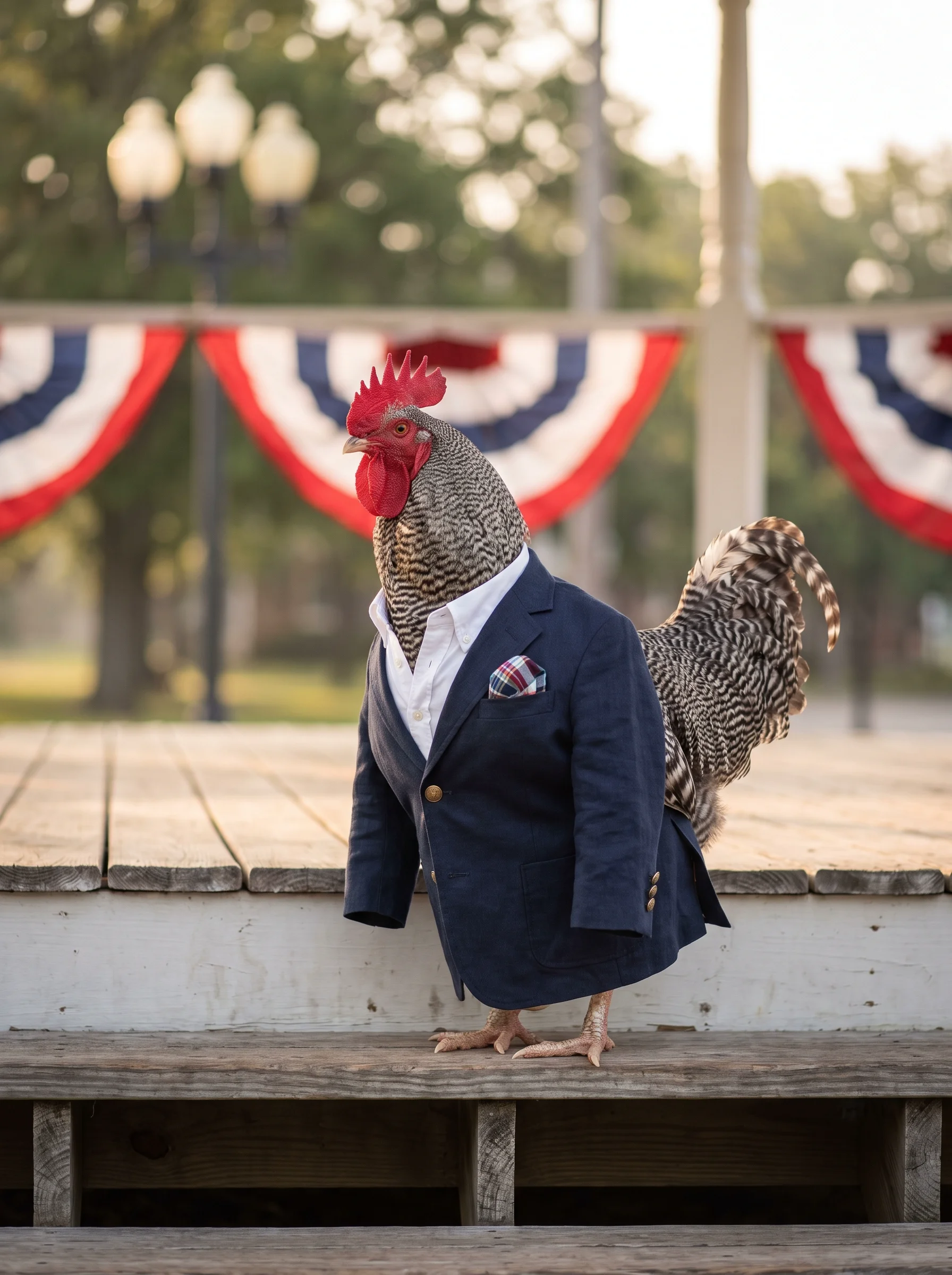 A Barred Plymouth Rock rooster in a navy blazer with brass buttons and madras pocket square, standing on a wooden bandstand with red, white, and blue patriotic bunting draped behind him in golden morning light