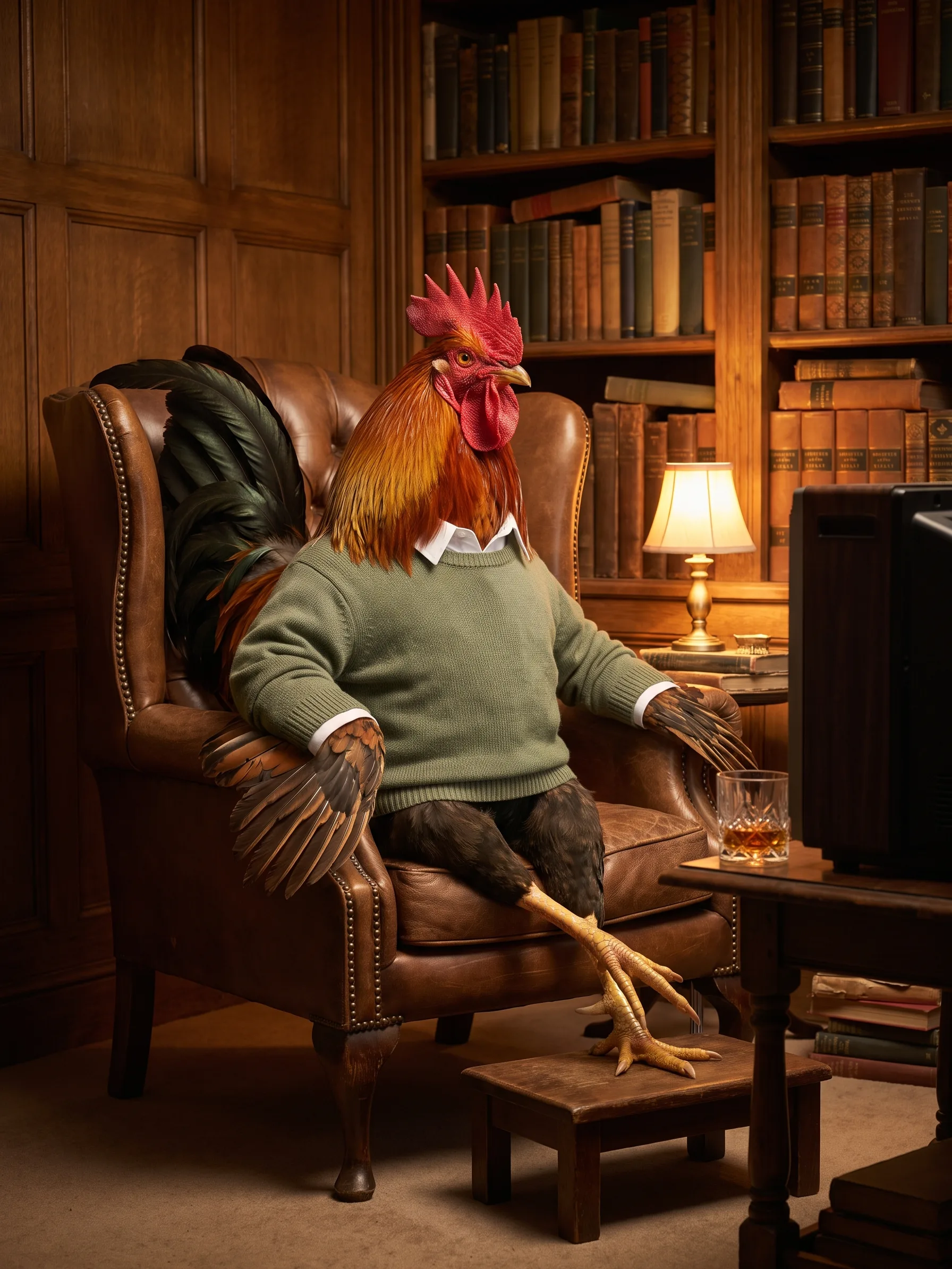 A red-gold rooster in a sage green sweater over a white shirt, seated like a gentleman in a leather wing armchair with his scaled legs crossed on a footstool, wing feathers resting on the armrests, a switched-off television and a glass of whisky beside him in a book-lined study