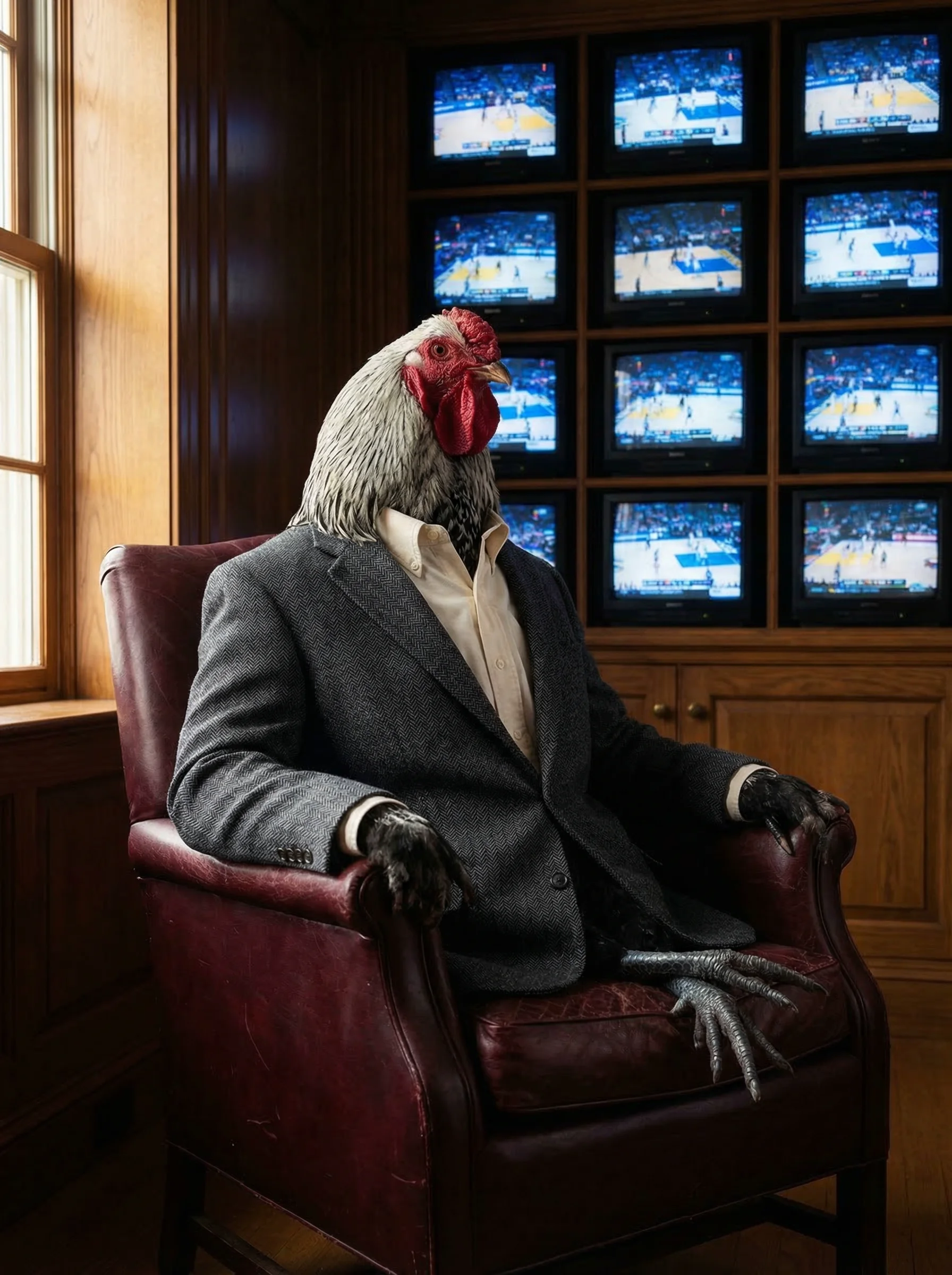 A Silver Laced Wyandotte rooster in a charcoal herringbone tweed blazer seated in a burgundy leather club chair, a bank of television screens showing basketball courts behind him, afternoon window light