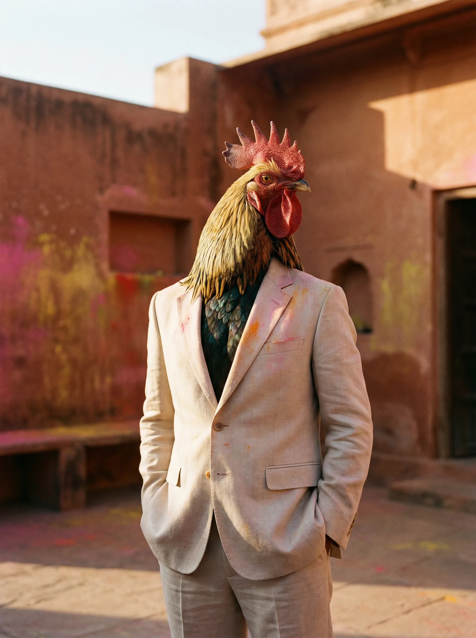 A rooster in a pale linen suit stands with wings clasped behind his back in a terracotta courtyard, his suit jacket faintly stained with pink and orange pigment, colour-dusted walls receding behind him.