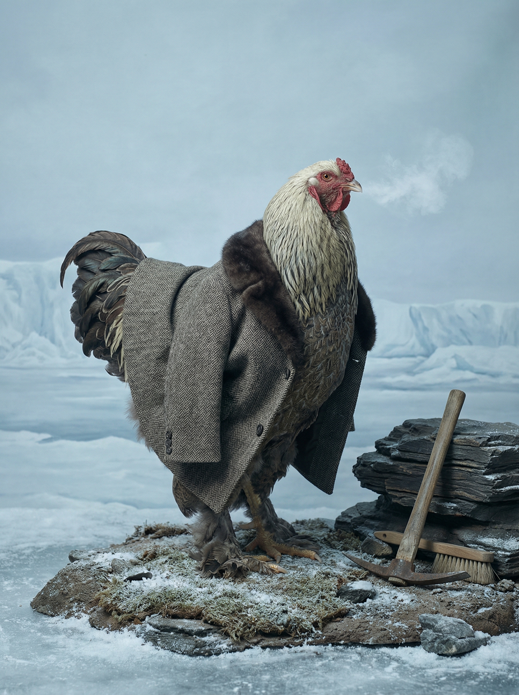 A Brahma rooster in a heavy herringbone overcoat with fur collar stands on exposed sedimentary rock amid frozen arctic tundra, geological tools nearby, pale northern light.