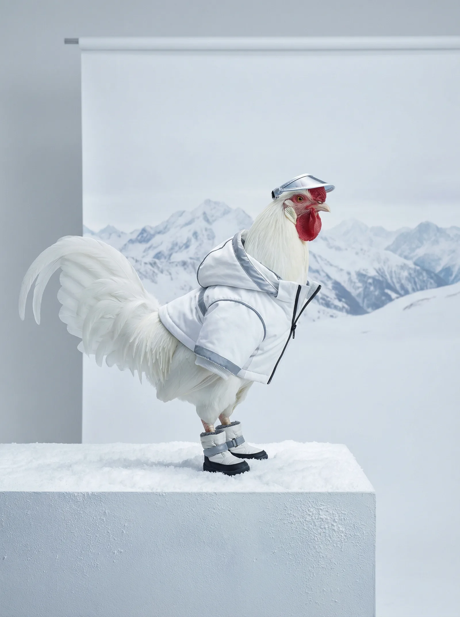 A white Leghorn rooster in a minimalist white performance parka stands against a soft white background, head slightly lowered in contemplation, clean athletic styling with subtle texture