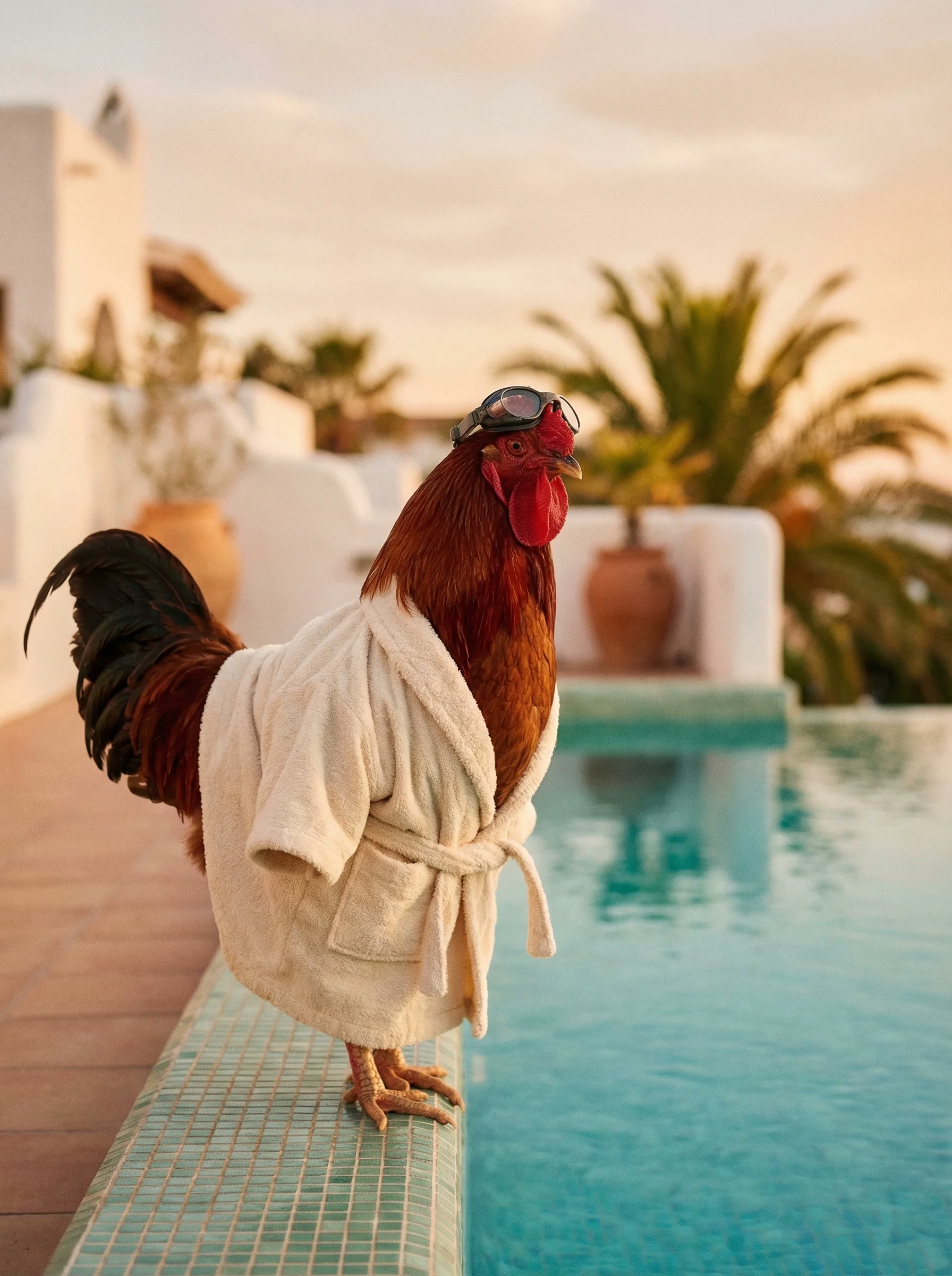 A Rhode Island Red rooster in a cream terry cloth robe with vintage swim goggles on his forehead standing at the tiled edge of a turquoise infinity pool at golden hour, white stucco villa and palm trees in the background