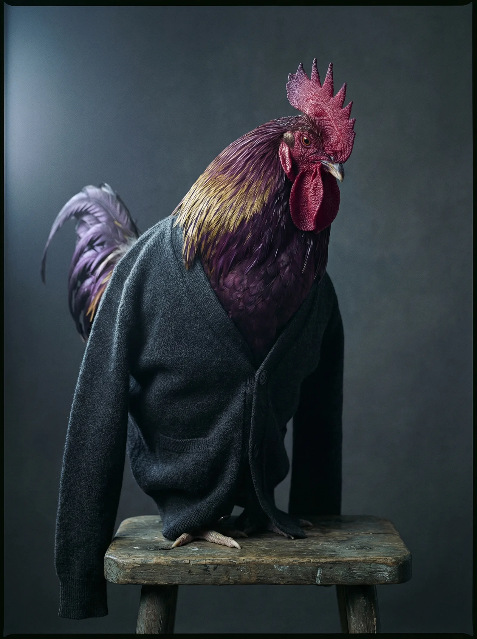 A rooster in twilight contemplation, dressed simply, as one does before the beginning of something significant