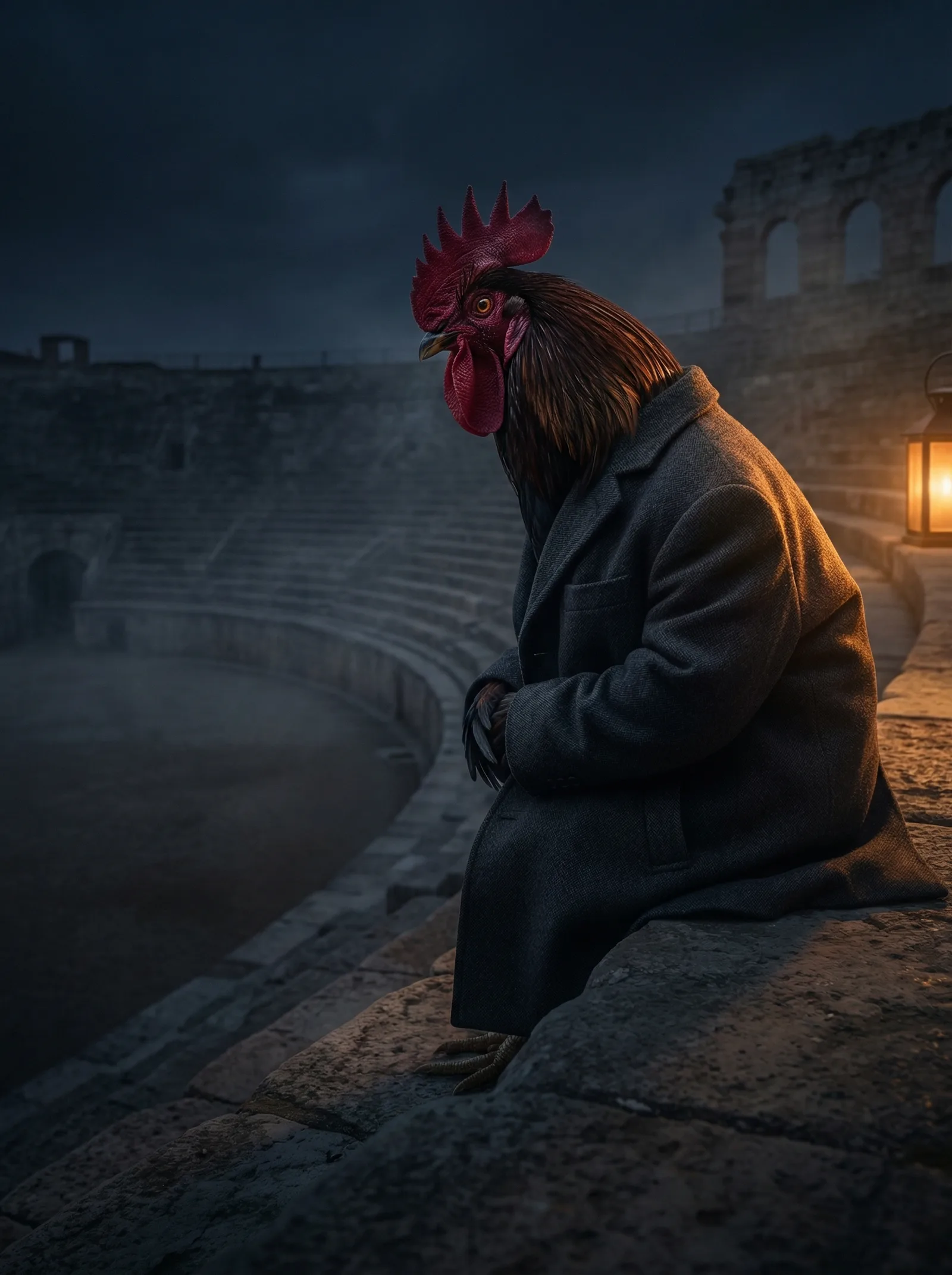 A rooster in a charcoal wool overcoat seated alone on the stone upper tiers of an ancient Roman amphitheater at night, the vast empty arena curving below, a lantern burning warm to his right, the cold winter sky above