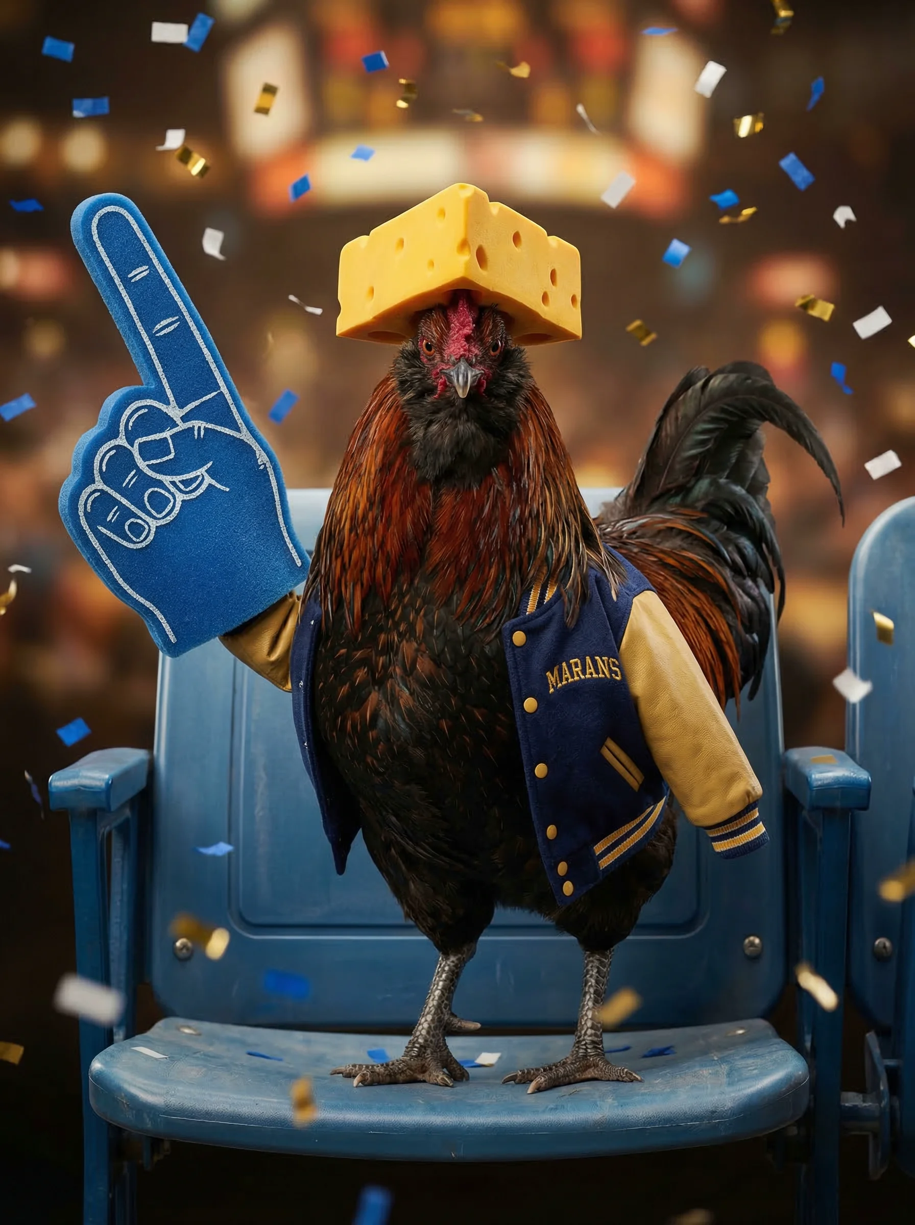 A Black Copper Marans rooster in a navy and gold varsity jacket, foam finger, and cheesehead hat, standing on a blue arena seat amid falling confetti with a stern, unamused expression