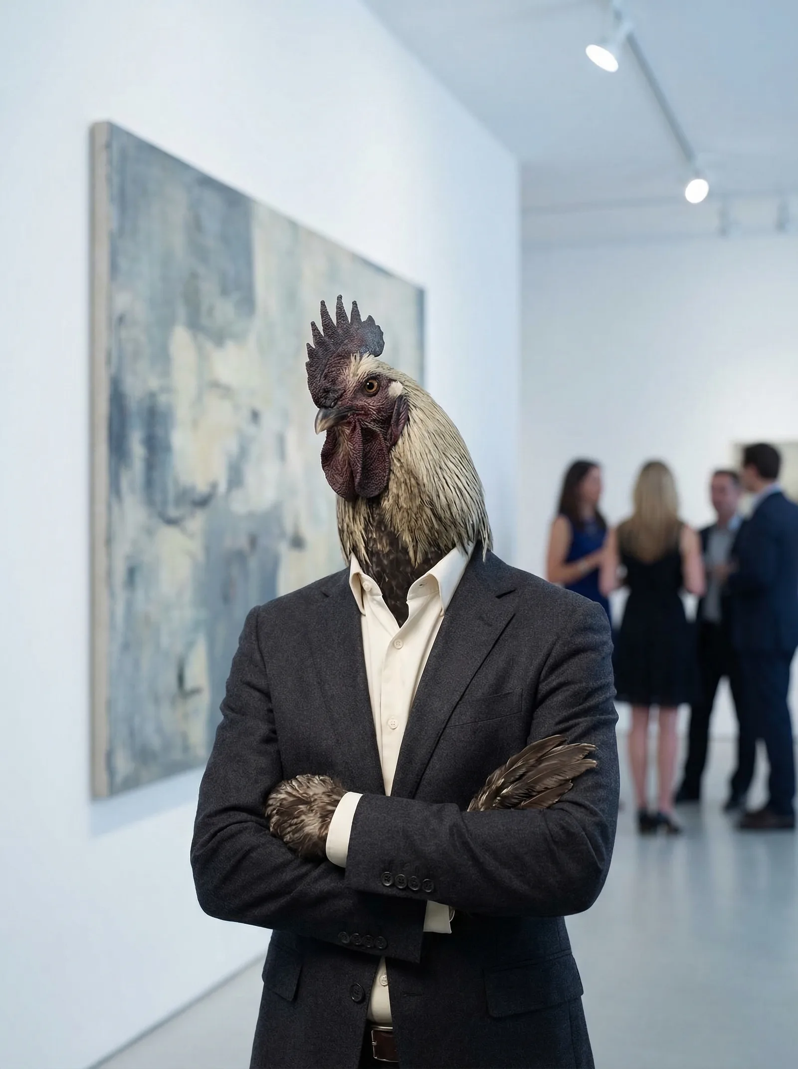 A rooster in a charcoal wool suit standing alone at the far edge of a white-walled contemporary art gallery, arms crossed, a large abstract canvas behind him, evening crowd in soft focus at a distance