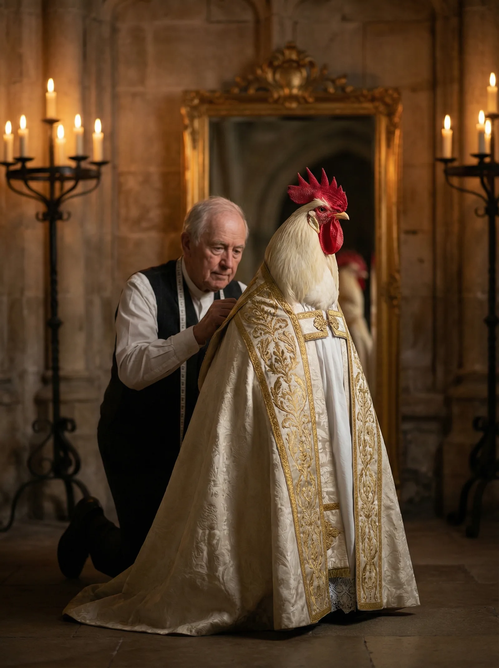 A White Leghorn rooster in ivory and gold ceremonial vestments stands in a candlelit cathedral vestry while an elderly tailor kneels behind him adjusting the brocade cope, a gilt mirror and iron candelabras in the background.