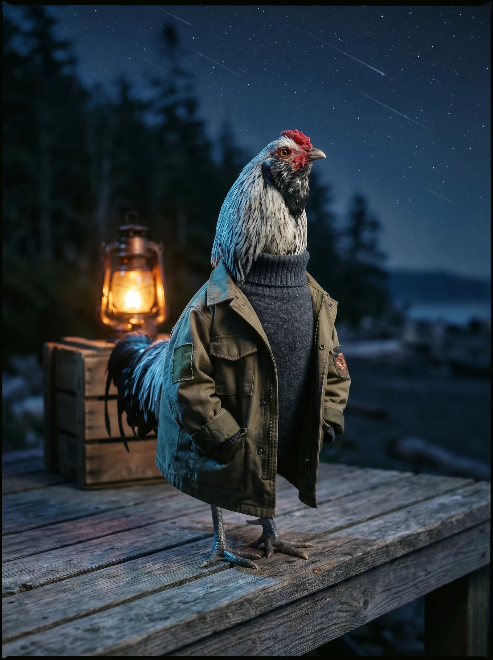 A Silver Spangled Hamburg rooster in a charcoal turtleneck and olive field jacket standing on a wooden observation deck at night, amber lantern glowing behind him, faint meteor streaks crossing the starry sky above pine trees