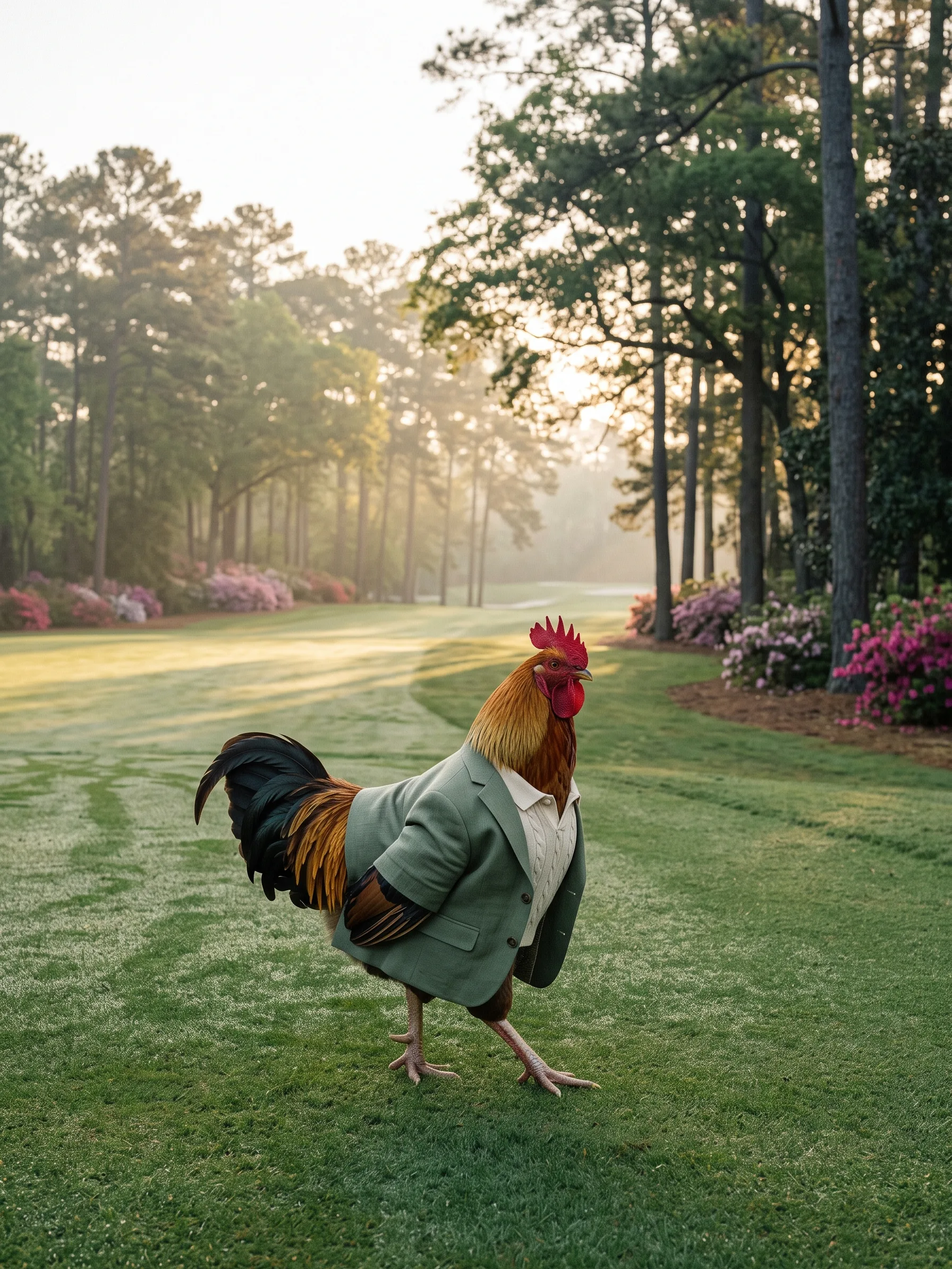 A Welsummer rooster in a sage green linen blazer over a cream cable-knit polo walking along the edge of a manicured fairway at dawn, mist and golden light through tall pines, banks of pink and magenta azaleas in flower