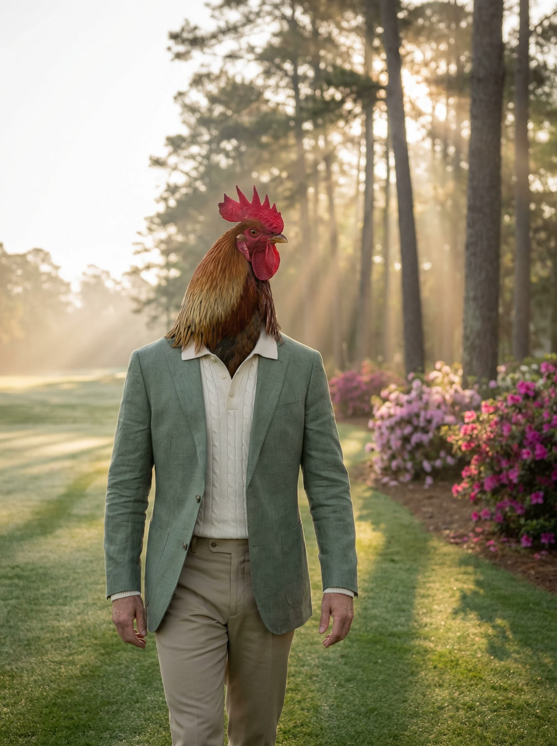 A Welsummer rooster in a sage green linen blazer over a cream cable-knit polo and khaki trousers walking along a manicured fairway at dawn, morning mist and golden light filtering through tall pine trees, pink and magenta azalea bushes lining the edge of the fairway