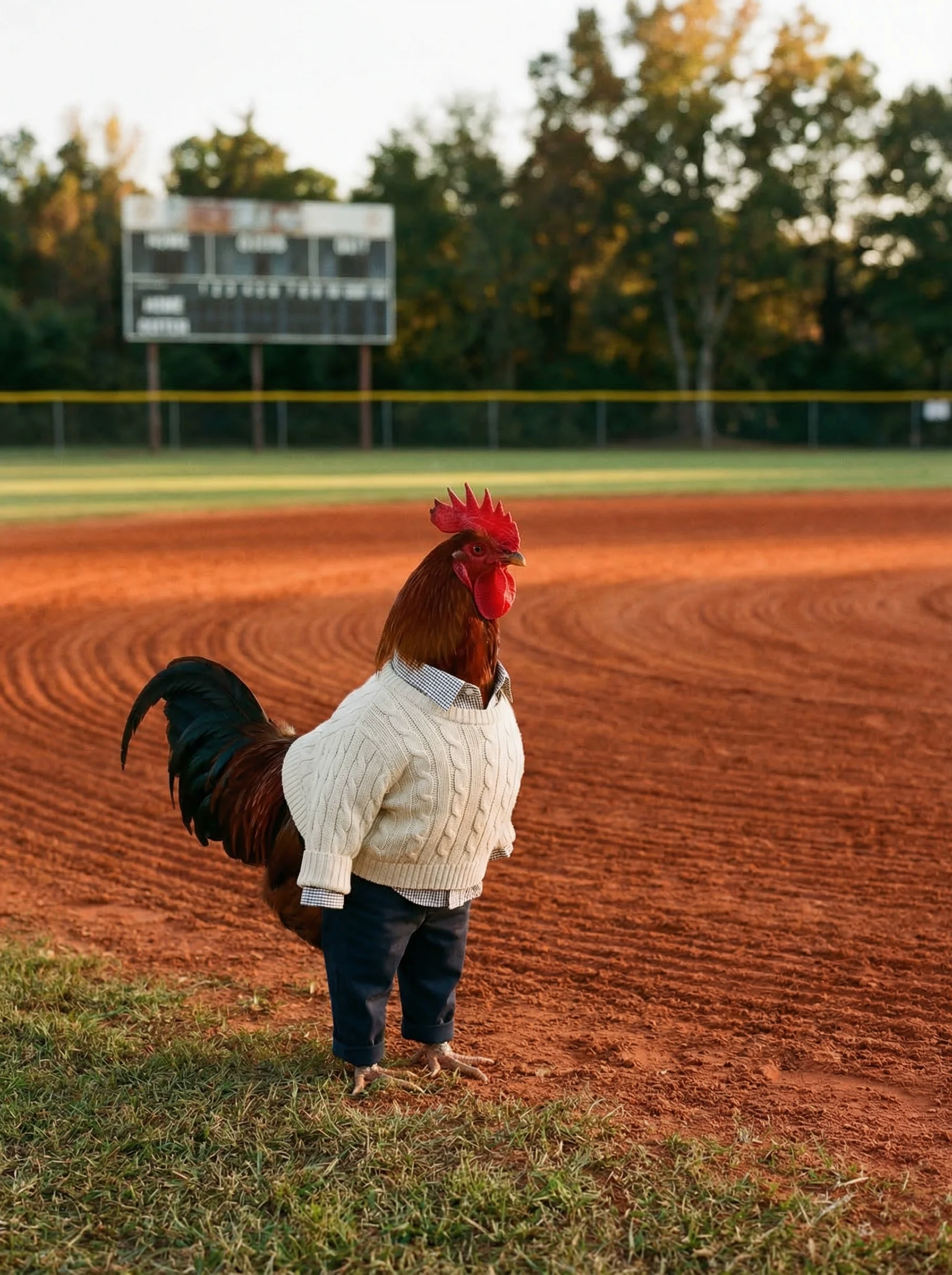 A Rhode Island Red rooster in a cream cable-knit sweater and dark chinos standing on a red clay baseball infield at golden hour, scoreboard and trees in soft focus behind him