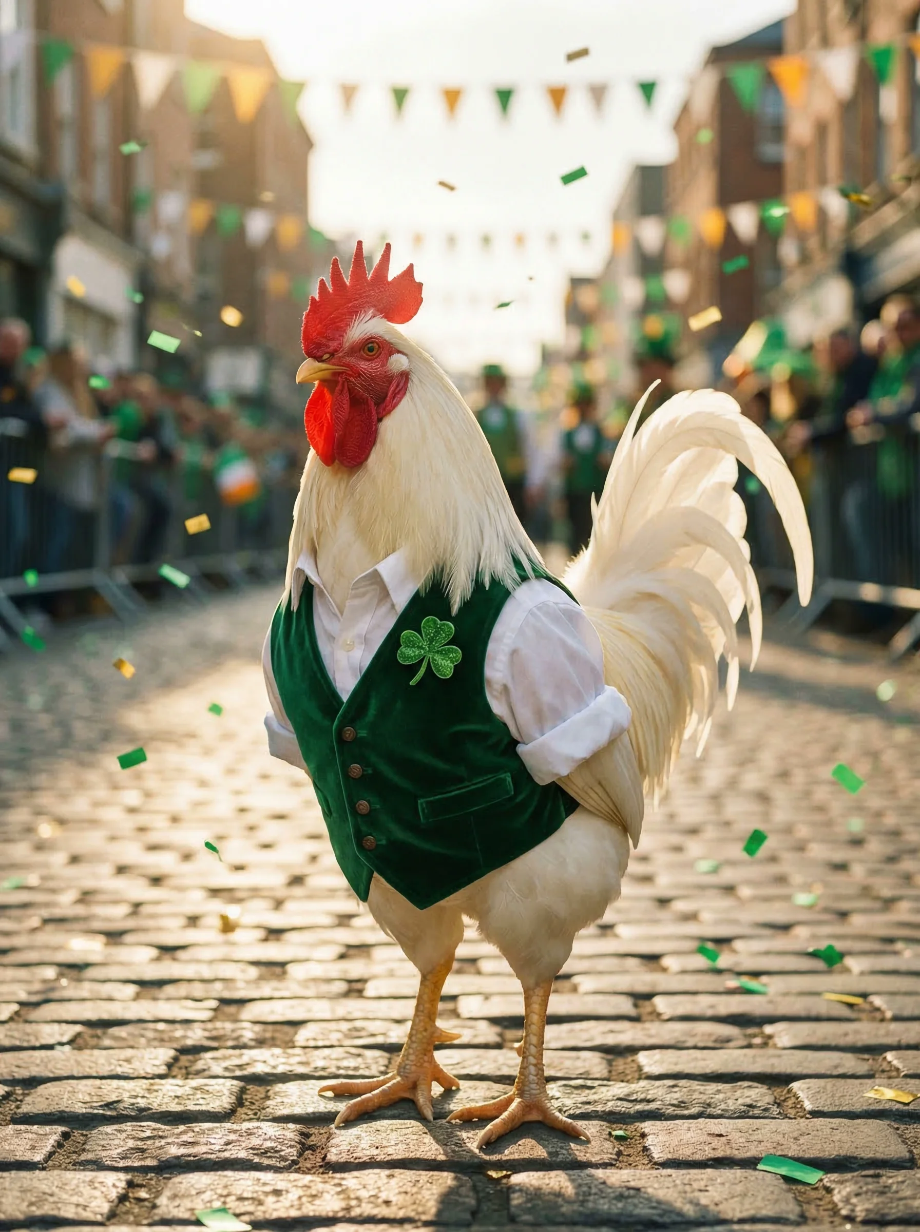 A white Leghorn rooster in an emerald velvet waistcoat with shamrock boutonniere striding down a sunlit cobblestone street amid green and gold confetti with festive bunting overhead