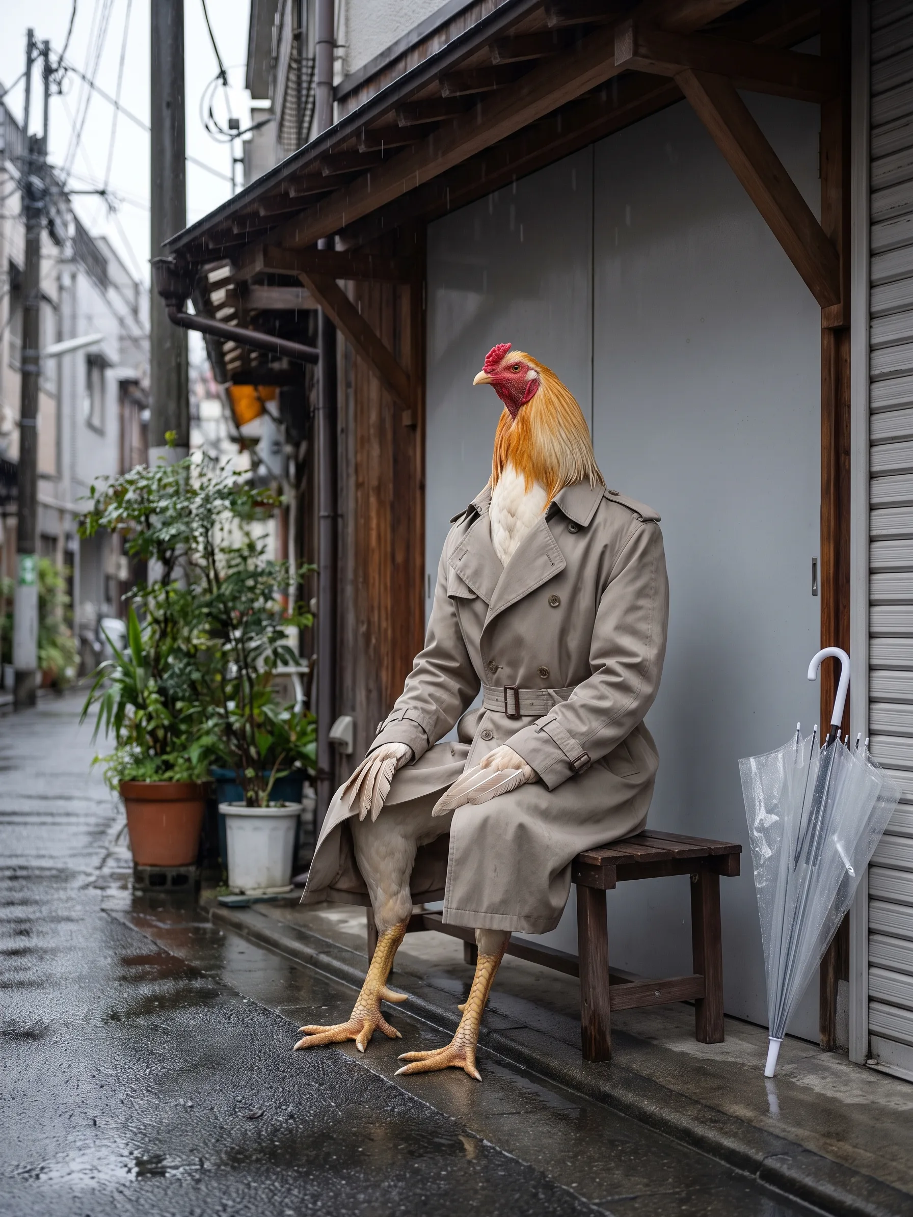 A Pyle Modern Game rooster, tall and slender with white plumage and gold-orange hackles, in a stone-coloured belted trench coat, seated upright on a small wooden bench under the wooden eaves of a shuttered shop in a narrow Tokyo backstreet in steady rain, folded wing feathers on his knees and long scaled yellow rooster legs reaching to the wet pavement, a clear plastic umbrella leaning closed against the shutter beside him, potted plants and overhead wires along the lane