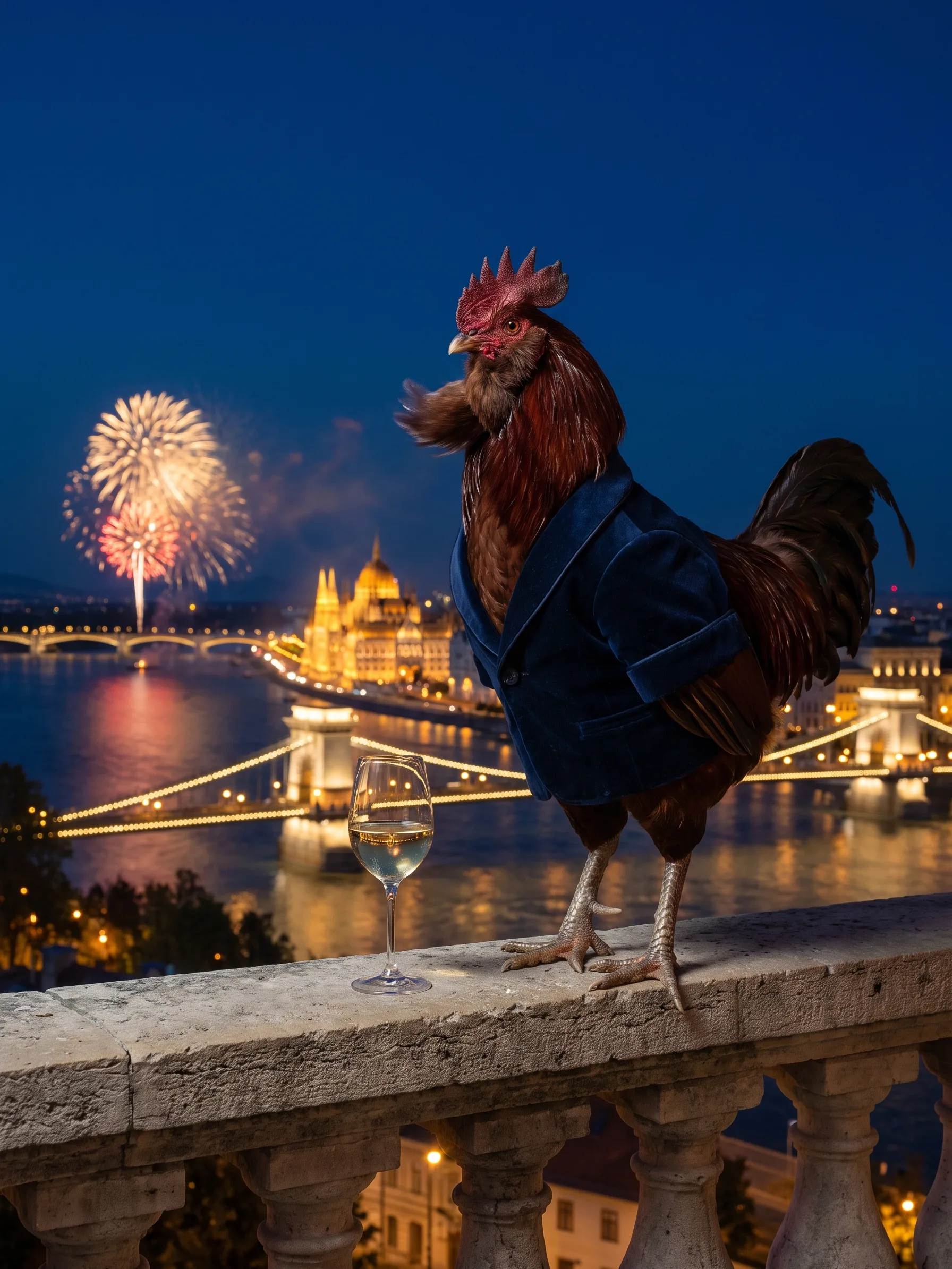 A mahogany Orloff rooster with deep reddish-brown plumage, a full beard and a small comb in a navy velvet smoking jacket, standing on the stone balustrade of a terrace above the Danube in Budapest at night beside a glass of white wine, gold and pink fireworks bursting over the river, the lit Parliament building and a chain bridge glowing below