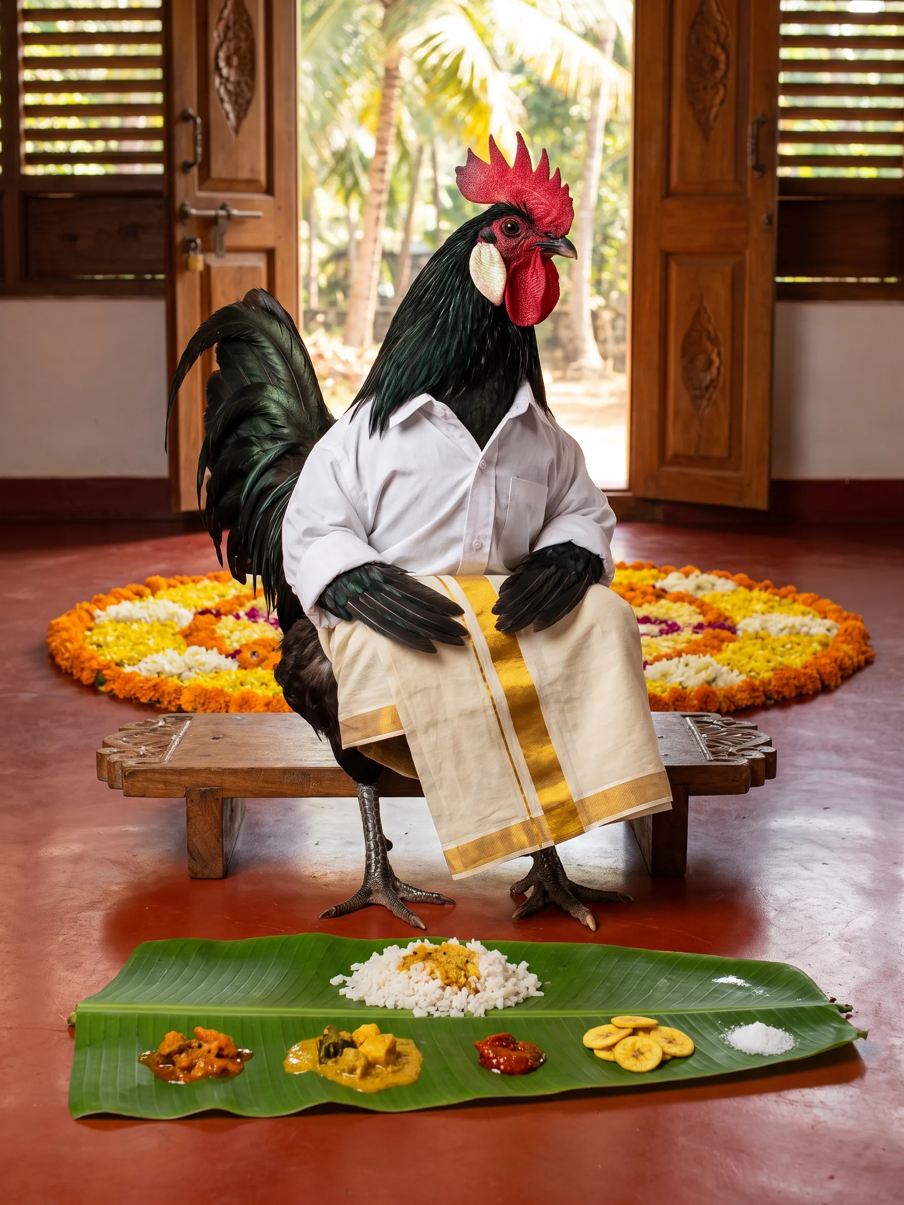 A Black Minorca rooster with glossy green-black plumage, a large single red comb and white earlobes, seated upright on a low carved wooden bench in a white shirt and a cream mundu with a gold border, a long banana leaf on the red-oxide floor before him laid with rice, curries, pickle, banana chips and salt, a round marigold flower carpet behind him and carved wooden doors open onto coconut palms