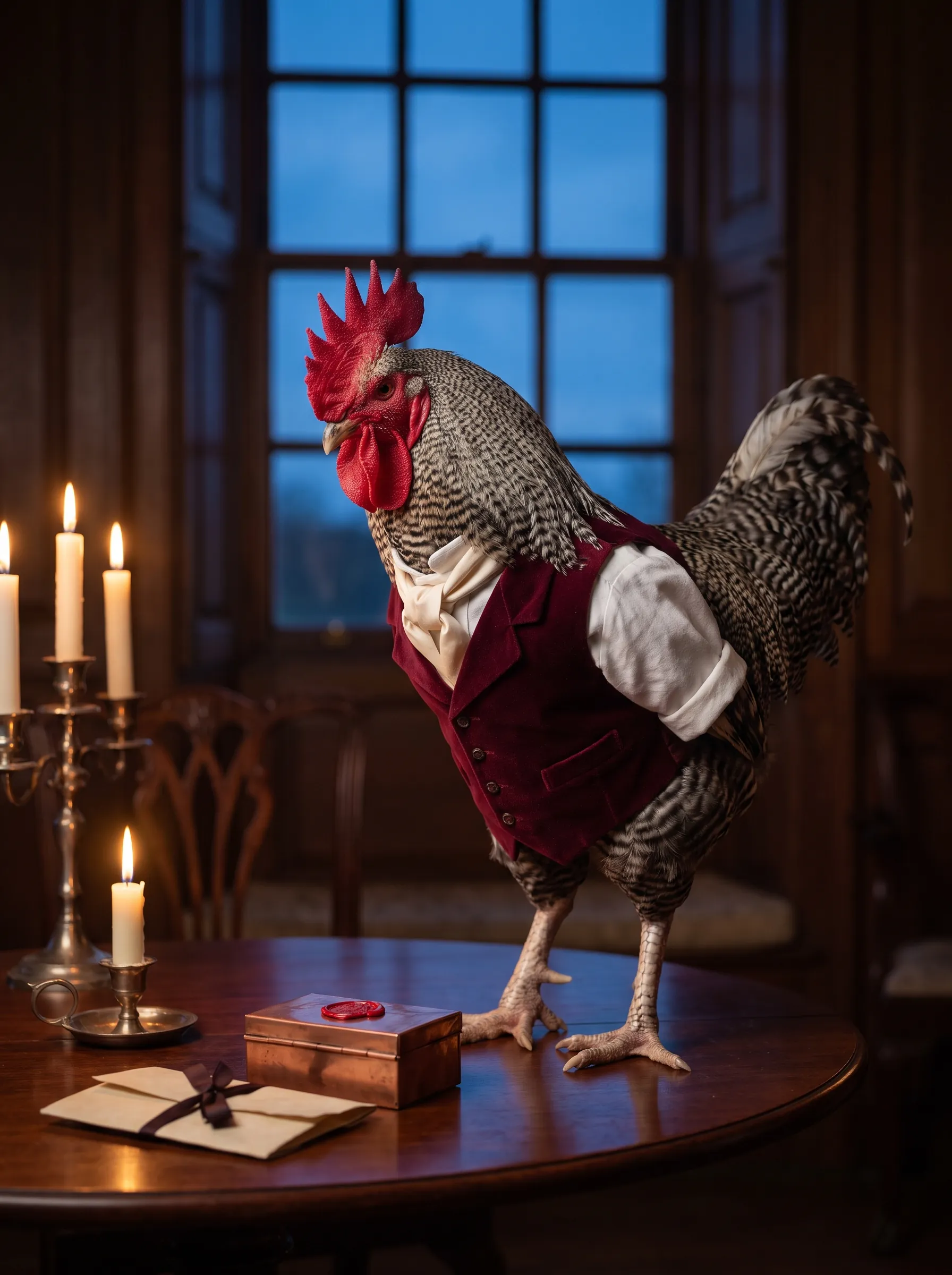 A Dominique rooster with black-and-white barred plumage in a claret velvet waistcoat over a white linen shirt and cream silk stock, standing on a round mahogany table in a candlelit Georgian room beside a small copper box sealed with red wax and a folded letter tied with ribbon, blue dusk in the tall window behind