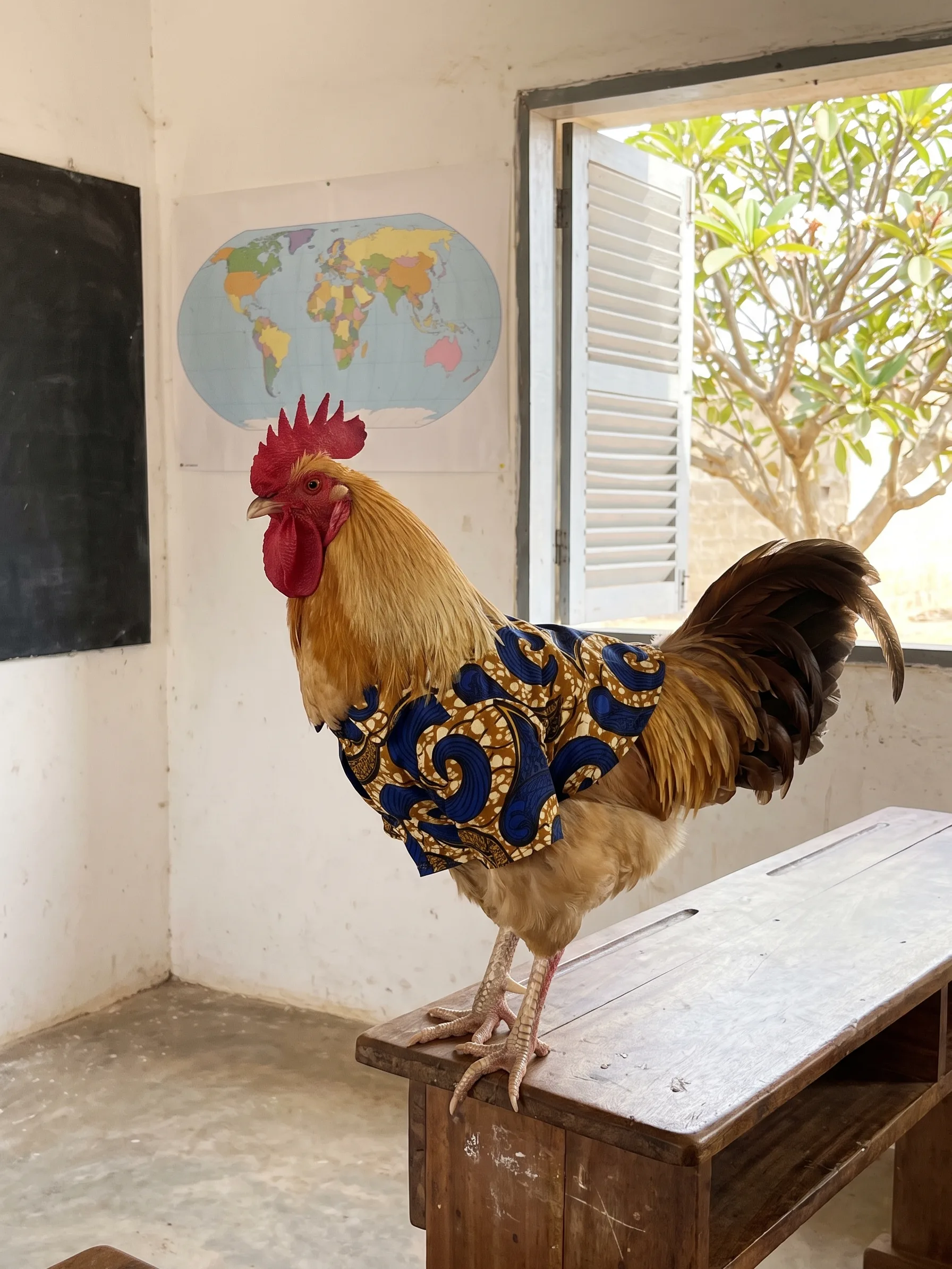 A wheaten Marsh Daisy rooster with gold-brown plumage, a chestnut hackle and a red comb, in a short-sleeved shirt with a large blue, black and ochre wax-print pattern, perched on a wooden school desk in a whitewashed classroom, a rounded world map with coloured countries pinned to the wall beside a blackboard, a frangipani tree in sunlight through the open louvred shutters