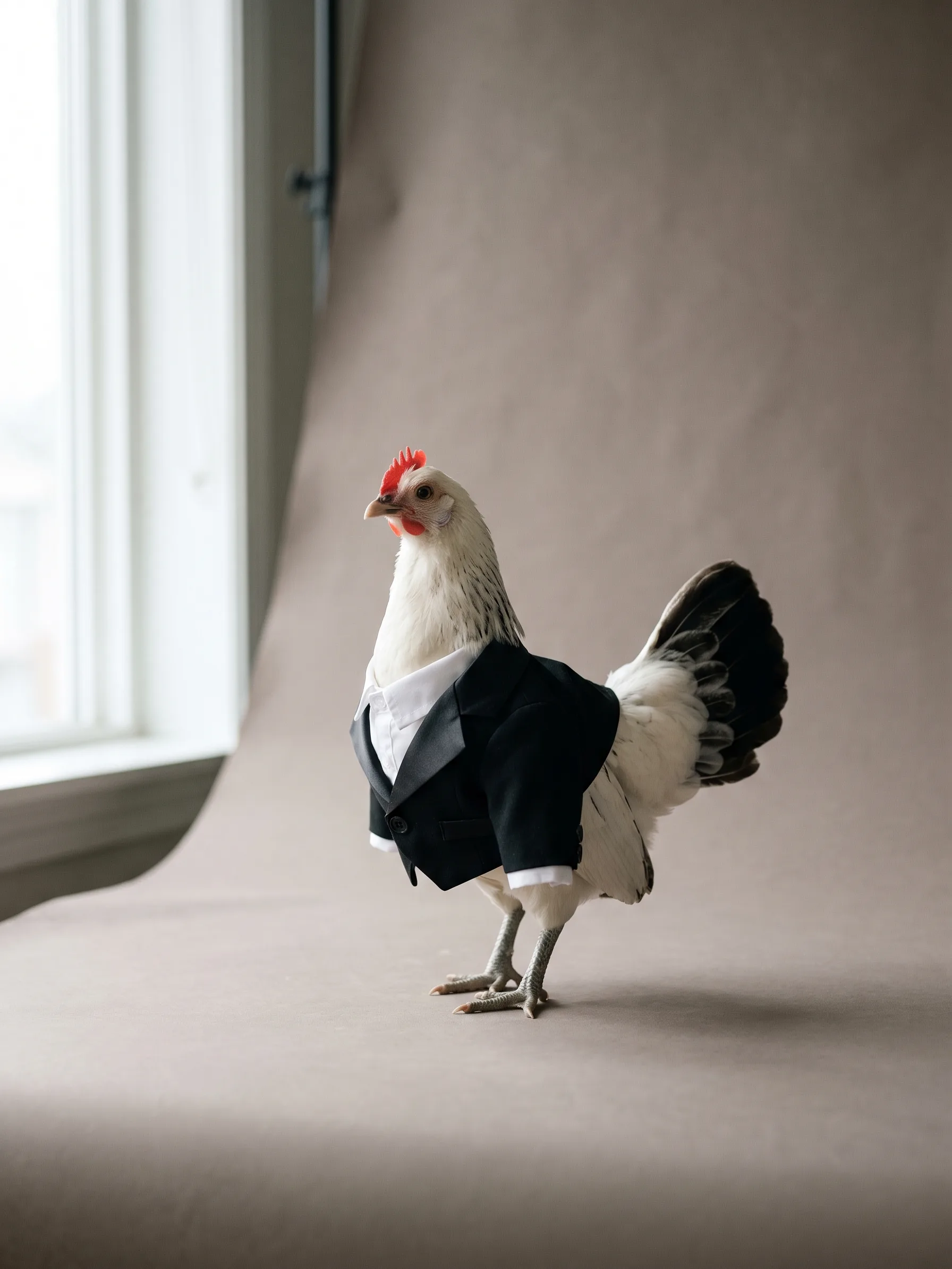 Tomoe, a tiny white Chabo bantam hen with a black upright tail and very short legs, in a tailored black tuxedo jacket over a white shirt, standing on a warm grey studio backdrop