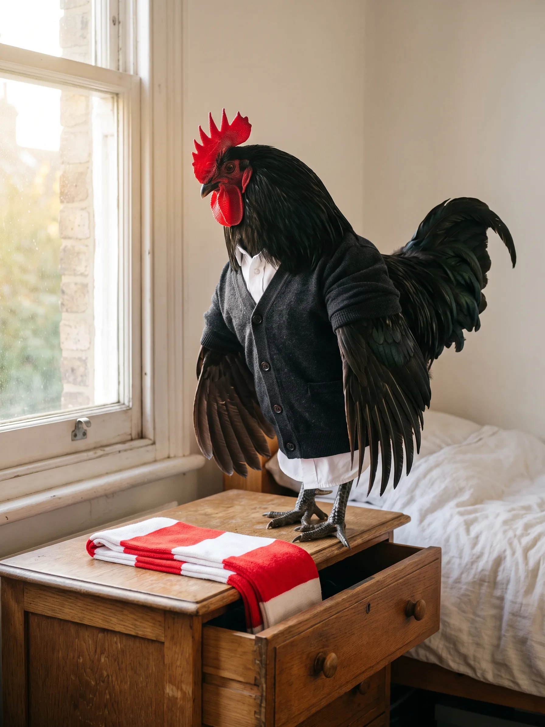 A Black Orpington rooster with glossy black plumage and a red comb in a charcoal cardigan over a white shirt, standing on top of an old oak chest of drawers with his wings half open, the top drawer pulled out and a red-and-white striped knitted scarf folded beside him and trailing into the drawer, in a sunlit bedroom with a sash window and a bed with white bedding