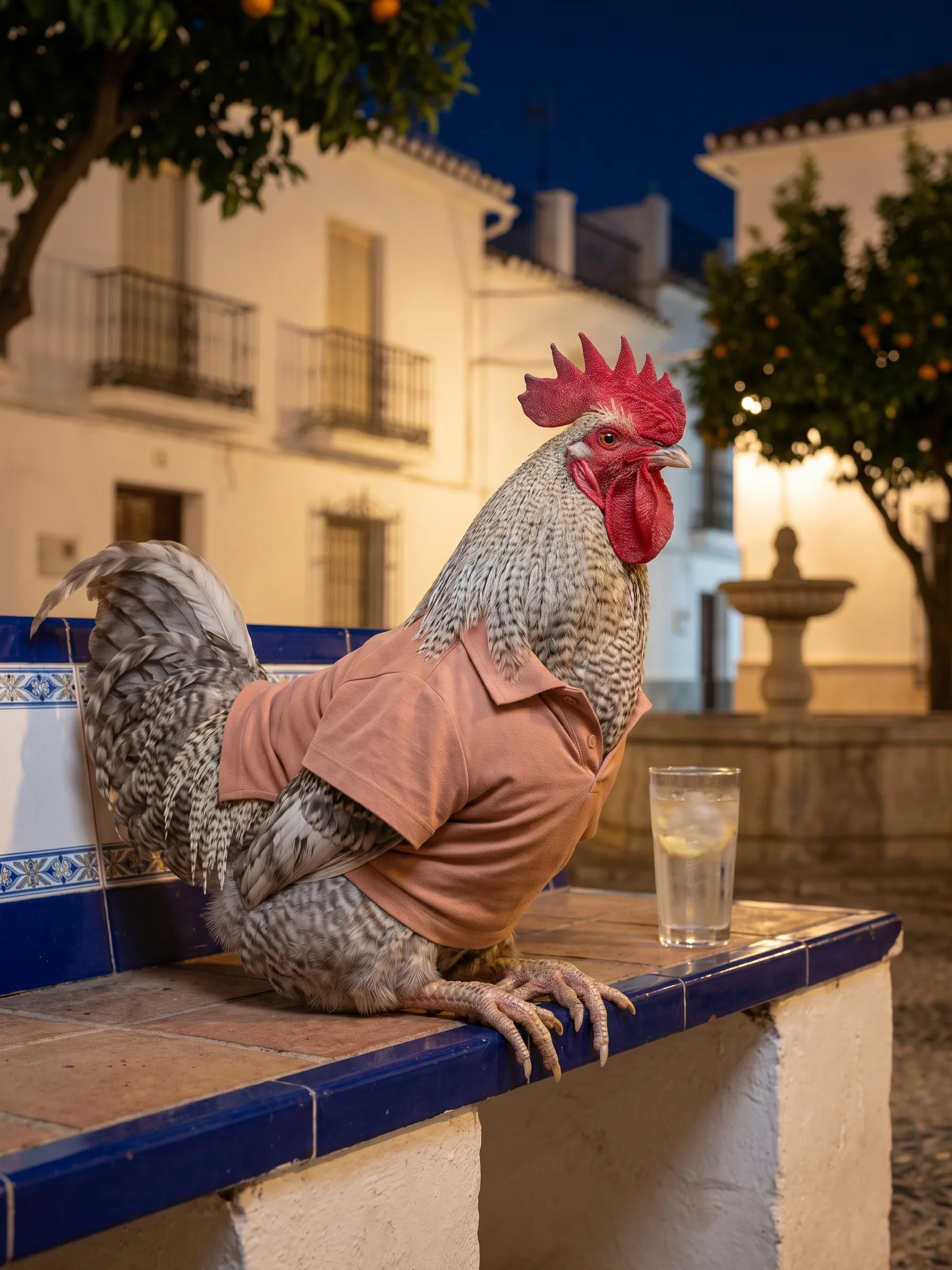 A Dominique rooster with grey-and-white barred plumage and a red comb, in a terracotta short-sleeved shirt, perched on a blue-and-white tiled bench at night, a tall glass of iced lemon water beside him, orange trees, whitewashed houses with wrought-iron balconies and a stone fountain in a lamplit Andalusian square under a deep blue sky