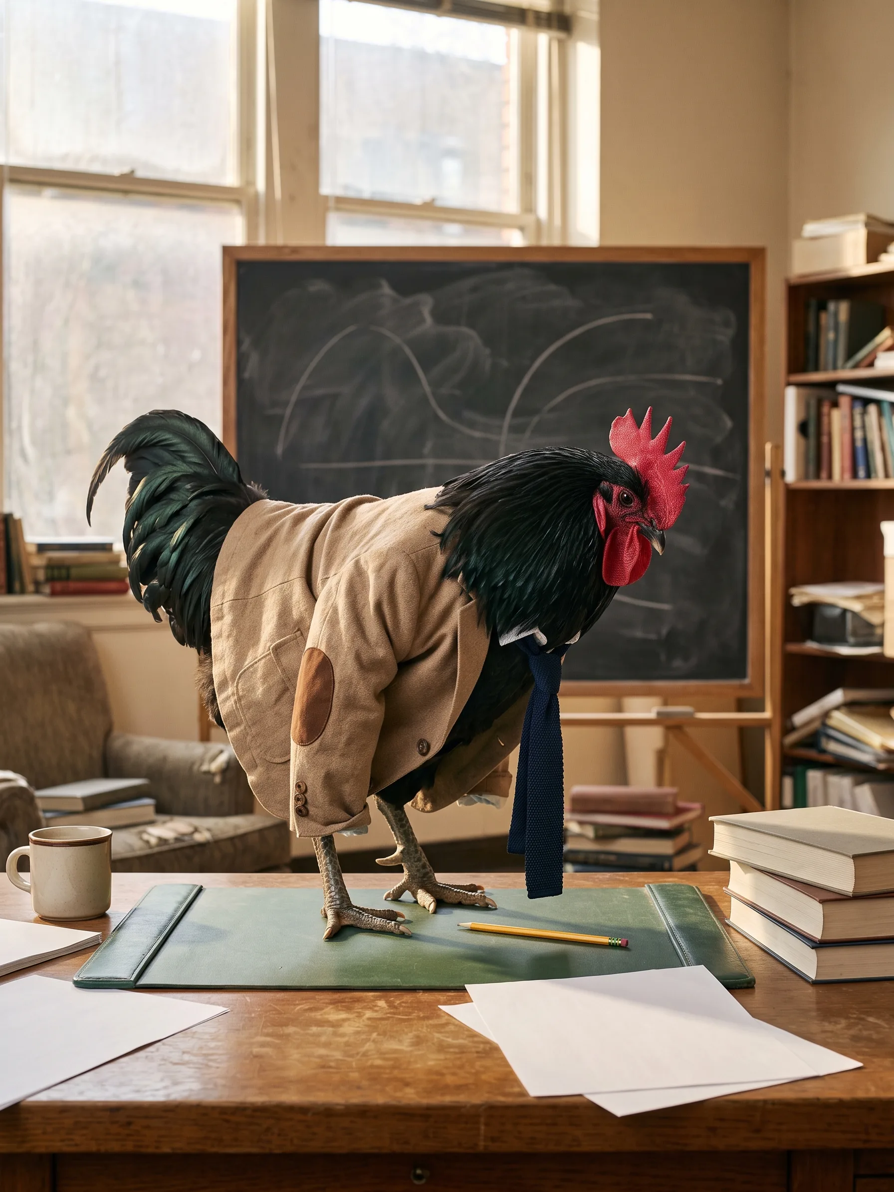 A Jersey Giant rooster with glossy black plumage in a rumpled tan cotton jacket with elbow patches and a loosened navy knit tie, standing on a green leather blotter on an oak desk in a book-lined university office, a single yellow pencil beside him and blank sheets of paper and a mug nearby, a blackboard behind covered in faint erased chalk curves, morning light through tall windows