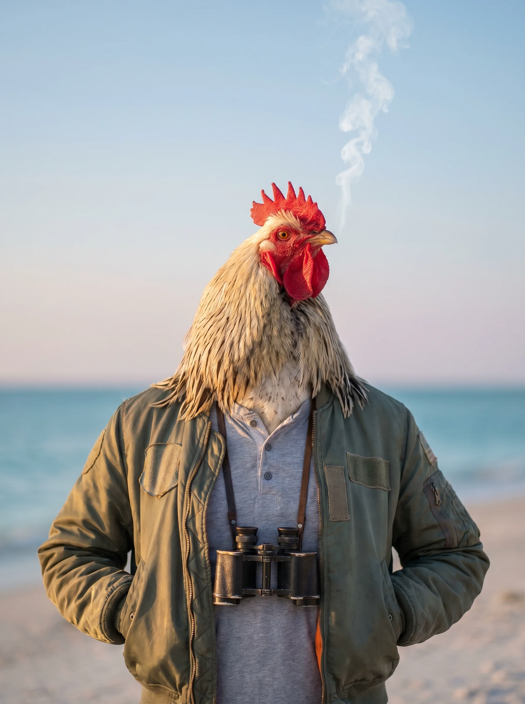 A Light Brahma rooster in a worn olive MA-1 flight jacket over a gray henley, standing on a sandy Florida beach at dawn with binoculars around his neck, a thin column of white smoke rising in the pale blue-pink sky behind him